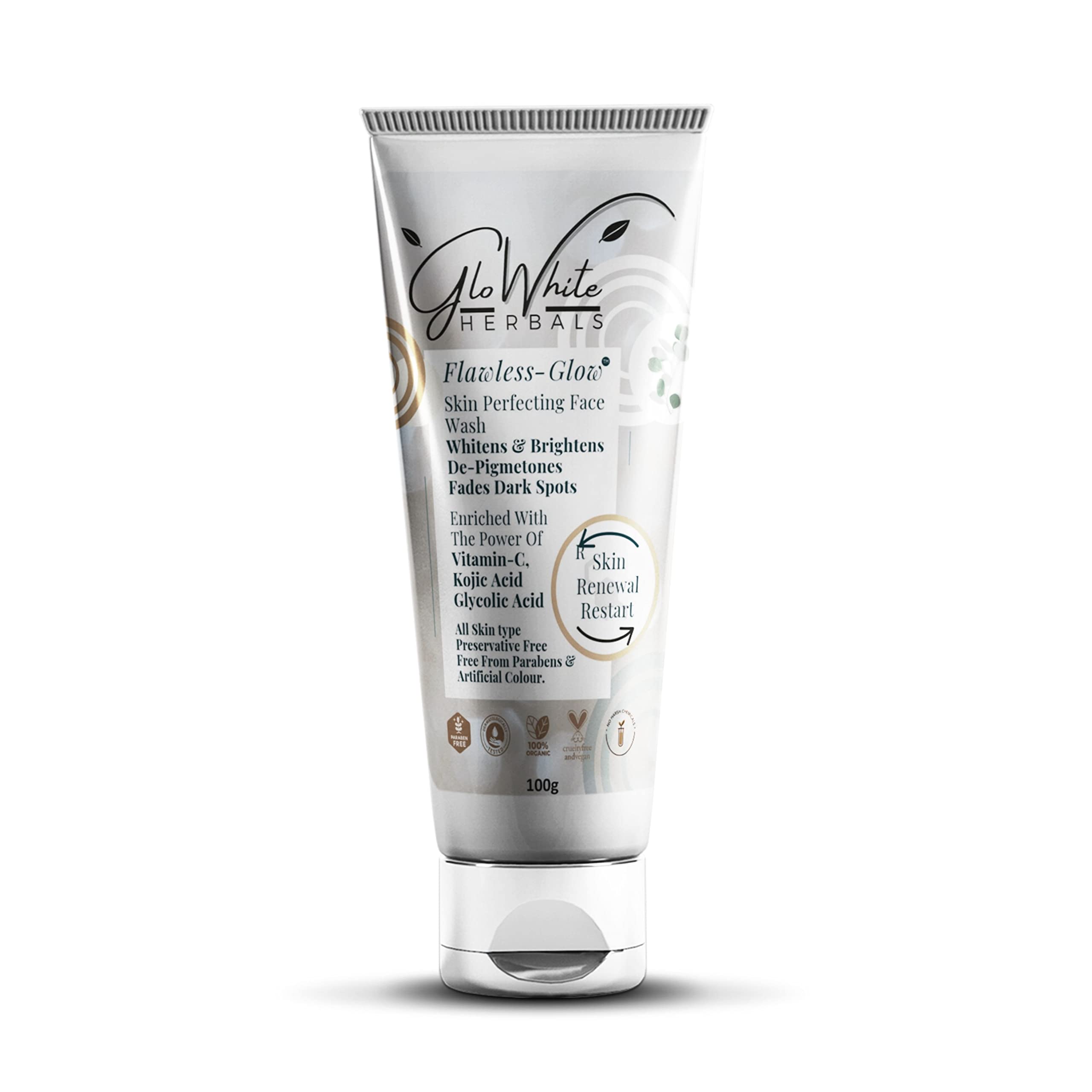 GloWhite Herbals Vitamin-C Face Wash with Kojic Acid & Glycolic Acid - Brightening Cleanser for Dark Spots, Pigmentation & Uneven Skin Tone - Suitable for All Skin Types & Genders (100g) - Perfect for Daily Skincare Routine & Acne-Prone Skin