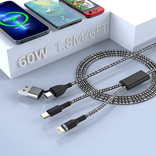 60W USB C Fast Charging Cable 6FT PD Compatible, 4-in-2 USB C to USB C/USB A & MFi Certified iPhone Charger | Nylon Braided Durable Cord for iPhone 15/14/13, iPad, Samsung Galaxy, Android Phones & Tablets | Perfect for Home, Office & Travel Charging