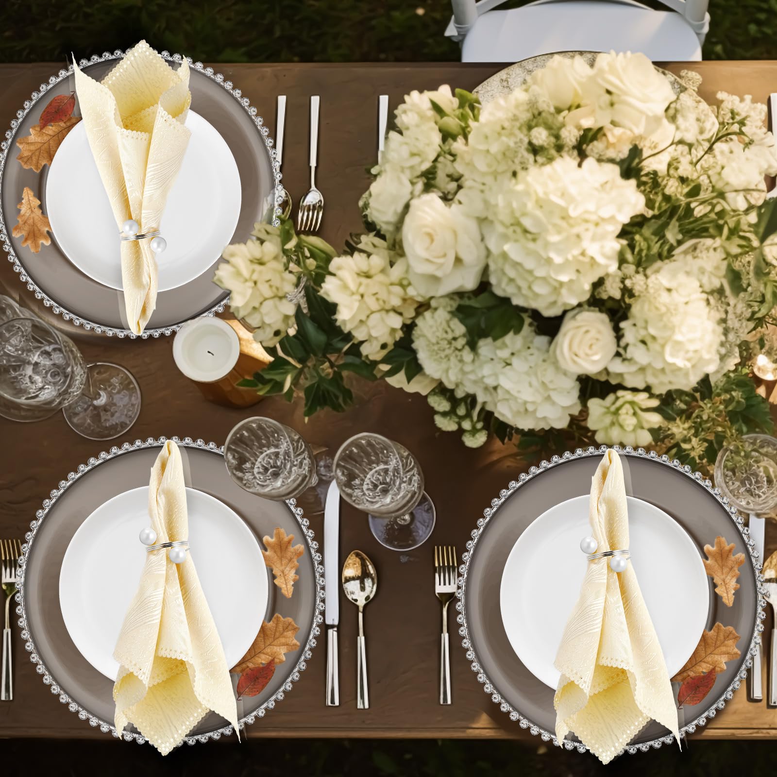 Tioncy 50-Pack Clear Acrylic Charger Plates with Beaded Edge - 13 Inch Round Decorative Dinner Plates & Napkin Rings Set for Wedding, Party, Banquet (Clear & Silver) | Elegant Table Setting for Formal Events & Holiday Dining