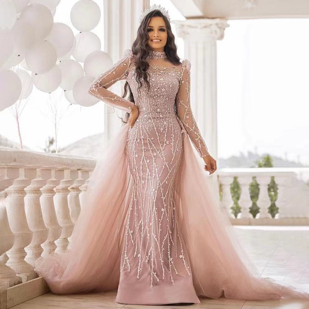 Serene Hill Muslim Pink Long Sleeve High Neck Luxury Beaded Evening Dress Gown 2025 - Elegant Mermaid Formal Gown for Women - Wedding, Prom, Party, Special Occasions - LA71721