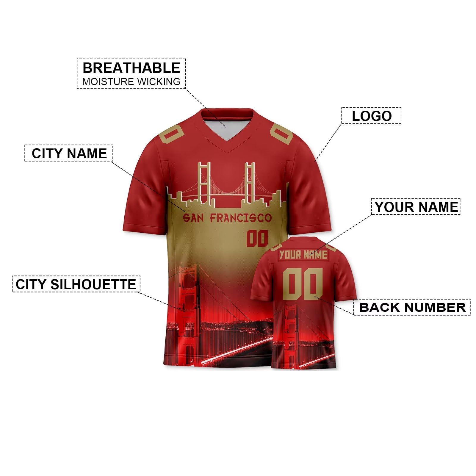 Custom Personalized Football Jersey with City Night Skyline Design - Men, Women & Youth Sports Apparel - Add Name & Number for Game Day, Fan Events & Team Support