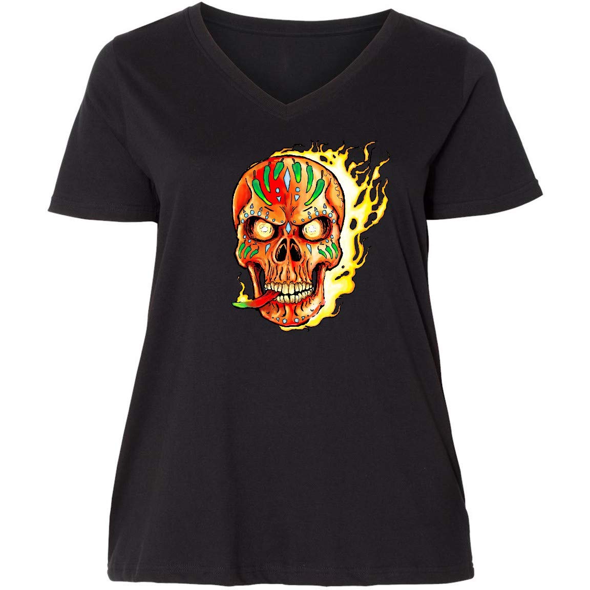 Inktastic Hot Sauce Hot Pepper Skull ON FIRE Women's Plus Size V-Neck T-Shirt - Spicy Food Lover Gift, Casual Wear & Graphic Tee for Women