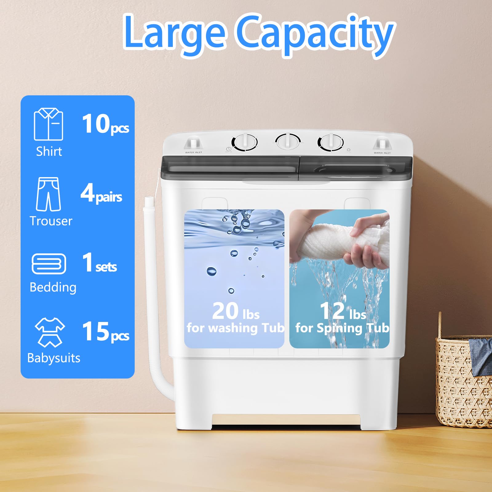 32lbs Portable Twin Tub Washing Machine with Drying Rack - Compact Mini Laundry Machine (20lbs Washer & 12lbs Spinner) - Semi-Automatic Washer Combo for Dorms, Apartments, RVs & Camping - Perfect for Small Spaces & Off-Grid Living