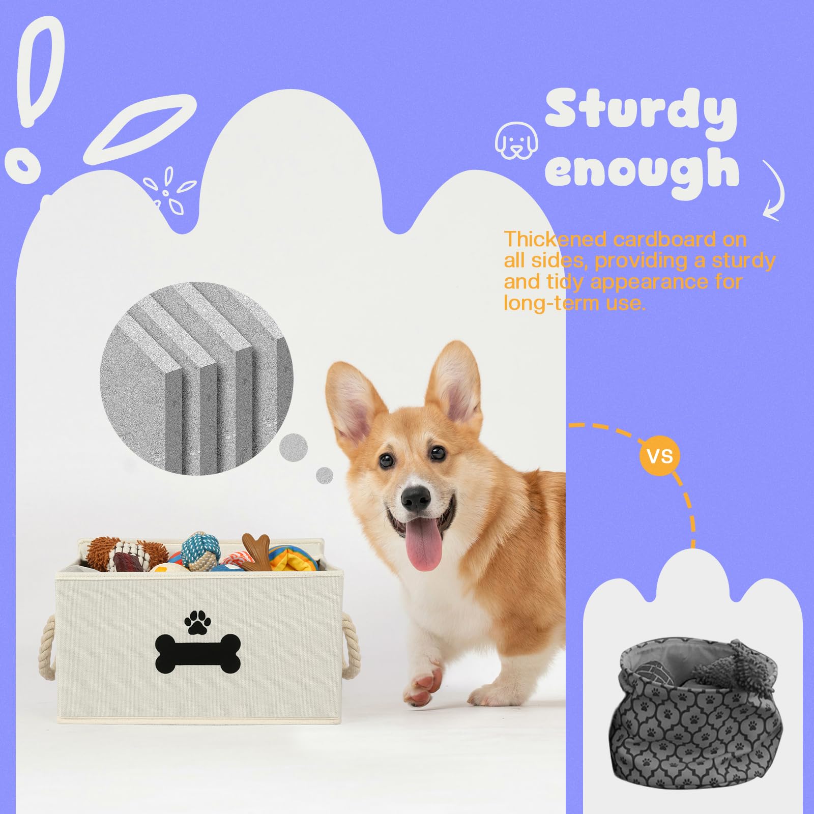 Collapsible Dog Toy Storage Basket with Lid & Cotton Rope Handles - Pet Toy Organizer Box for Living Room, Bedroom or Nursery - Beige Dog Toy Bin for Easy Organization