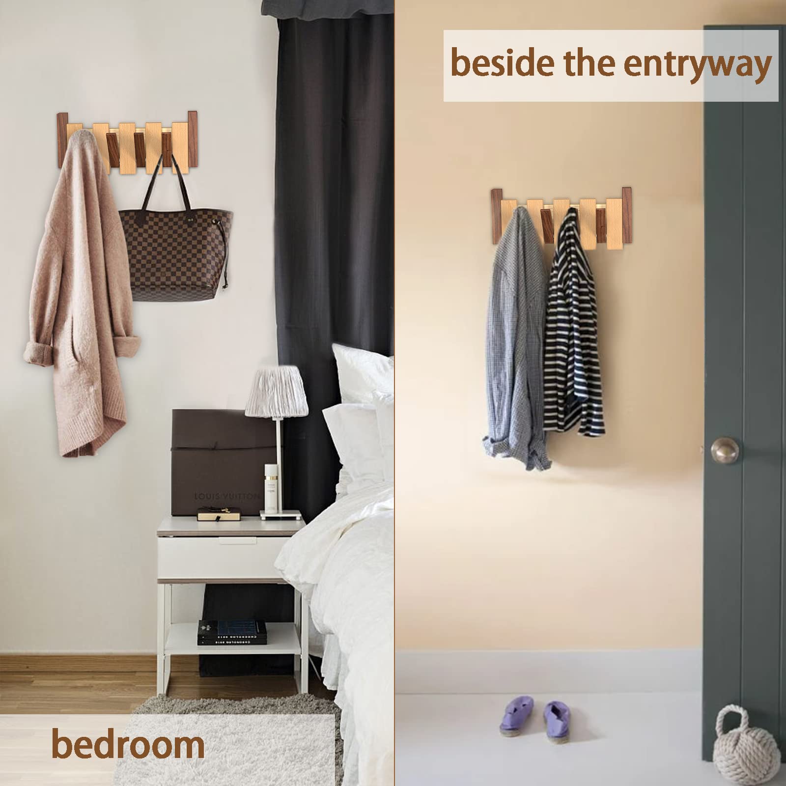 OLETNY Wooden Wall Mounted Coat Rack with 4 Flip-Down Hooks - Farmhouse Style Entryway Organizer for Hats, Scarves & Jackets - Perfect Housewarming, Birthday & Thank You Gift for Women, Mom & Wife