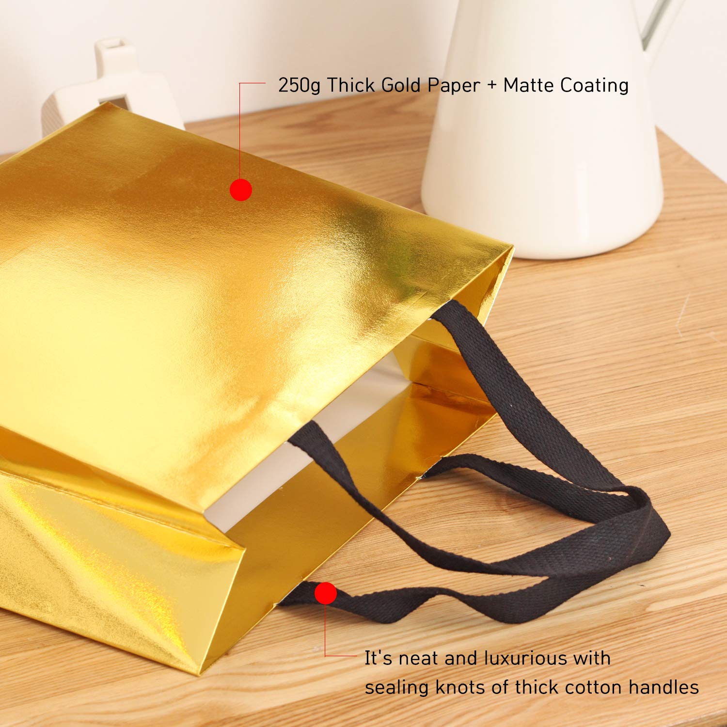 10pcs Large Gold Shiny Gift Bags with Black Cotton Handles - 15.7x5.5x11.8 Inches - Thick & Sturdy for Birthday, Wedding, Christmas & Party Favors