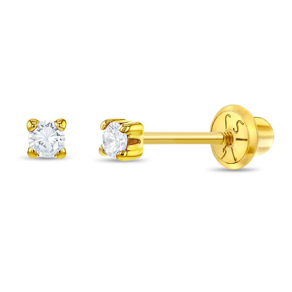 14K Yellow Gold Plated 2mm, 3mm, 5mm Cubic Zirconia Prong Set Screw Back Stud Earrings for Baby Girls - Hypoallergenic CZ Birthstone Simulated Earrings for Infants & Toddlers - Perfect for Baptism, Birthday Gifts & Special Occasions
