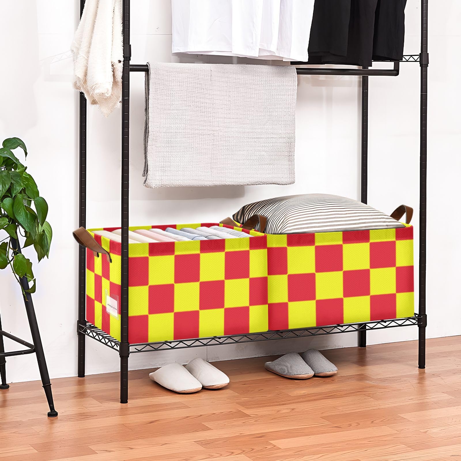 Buffalo Plaid Check Red Yellow Foldable Storage Baskets - 2 Pack Collapsible Fabric Bins with Handles for Clothes, Bedroom, Office & Closet Organization | Perfect for Seasonal Decor & Home Storage Solutions