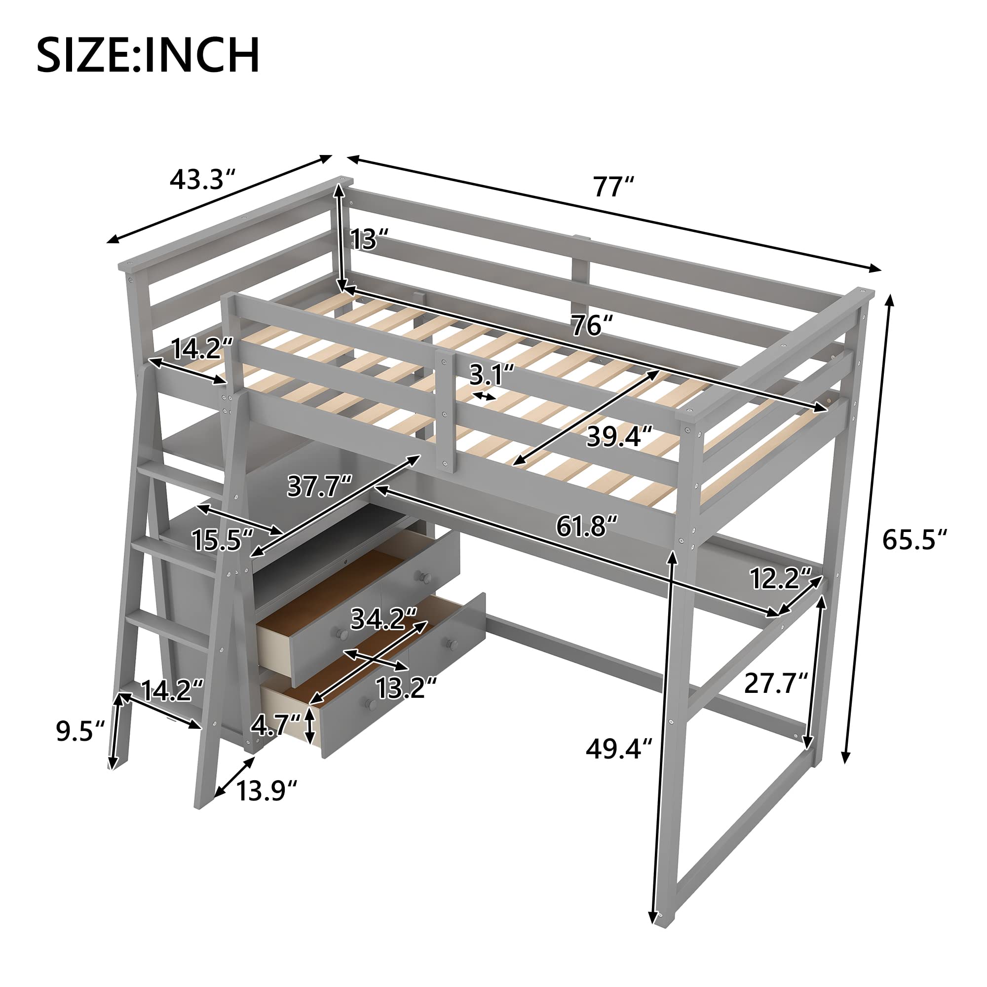 **Merax Twin Size Loft Bed with Desk & Storage - Wooden Loft Bed Frame with Shelves, 2 Built-in Drawers - Space-Saving Grey Loft Bed for Kids, Teens & Small Rooms - Perfect for Dorms, Apartments & Bedrooms**
