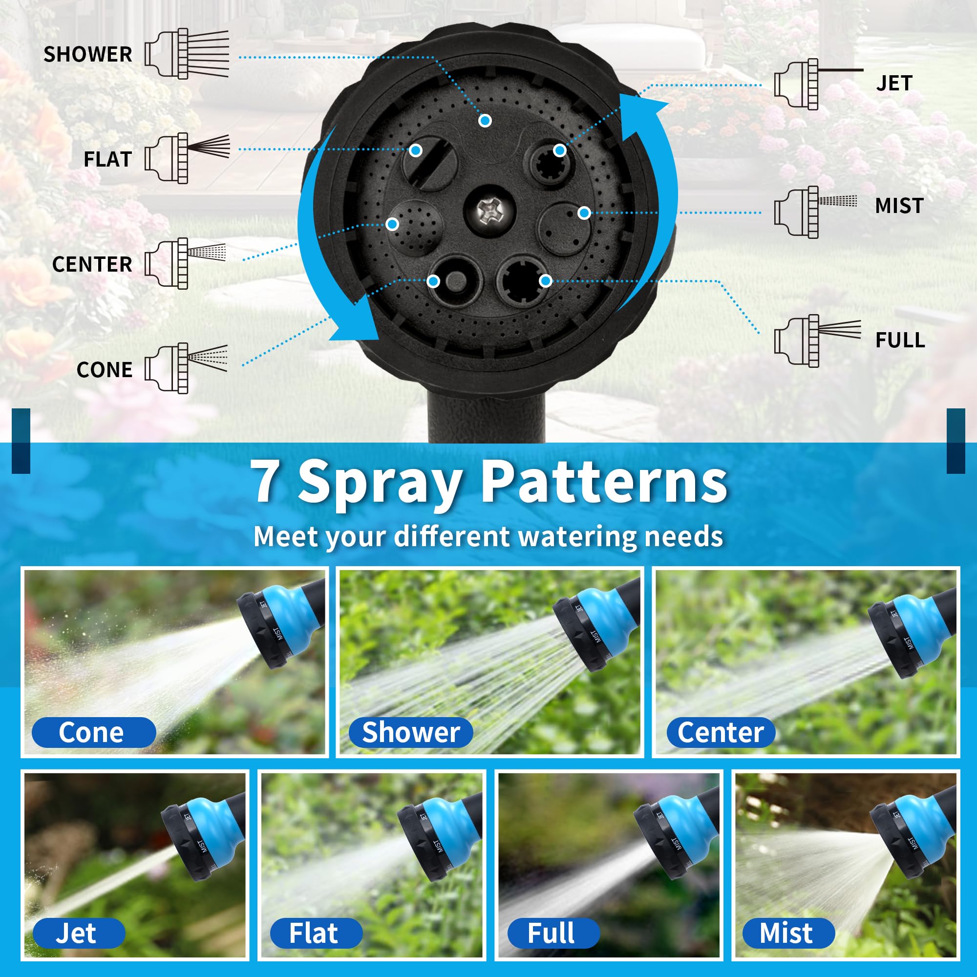 Heavy Duty Garden Hose Nozzle - 7 Adjustable Spray Patterns for Car Washing, Plant Watering & Pet Showering