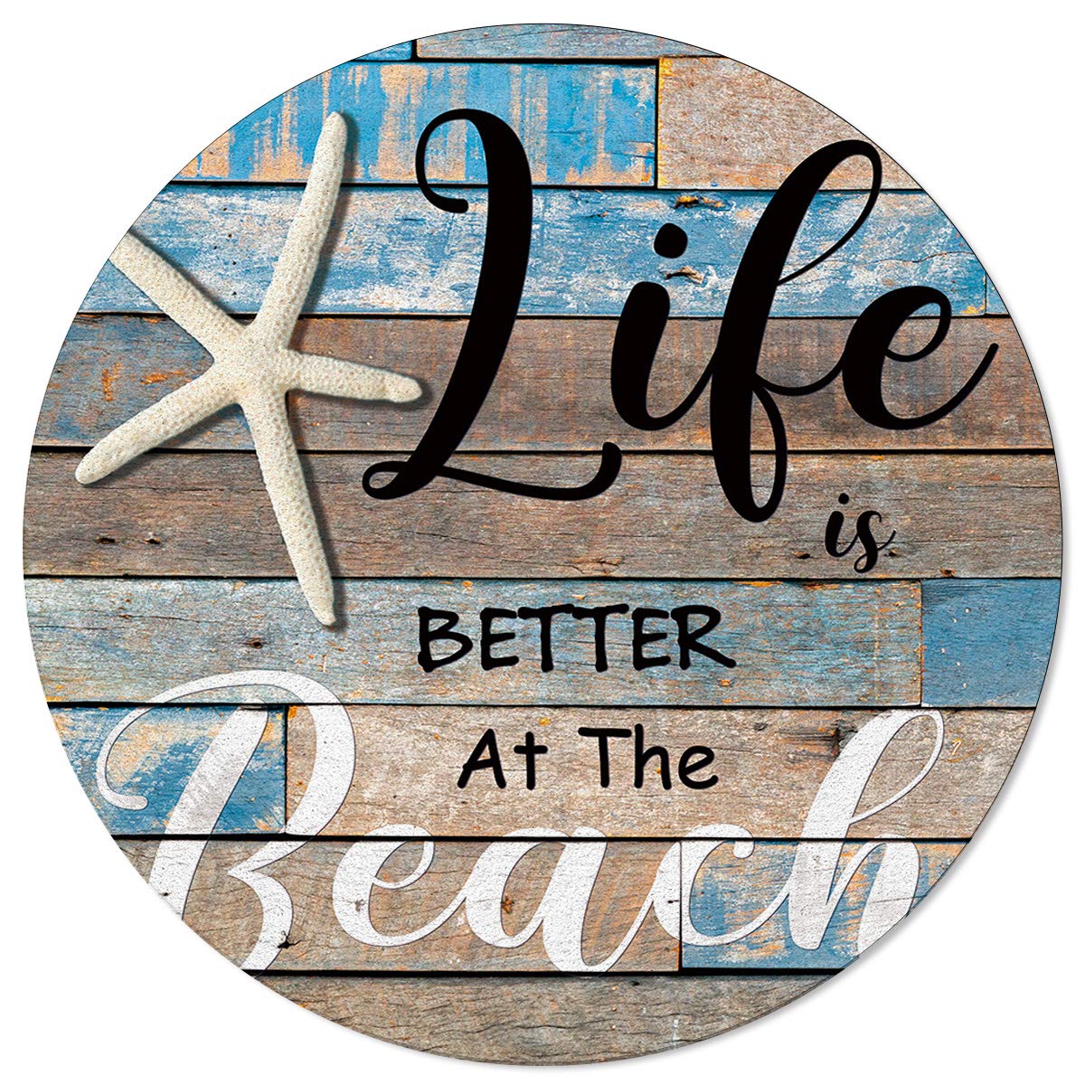 Vintage Blue Round Area Rug 6FT - Washable Indoor Outdoor Rug for Bedroom, Living Room, Dining Room, Kitchen - Farmhouse Wood Board Design with Beach Starfish Quote - Perfect for Home Decor, Classroom Runner, Funny Doormat & Cozy Spaces
