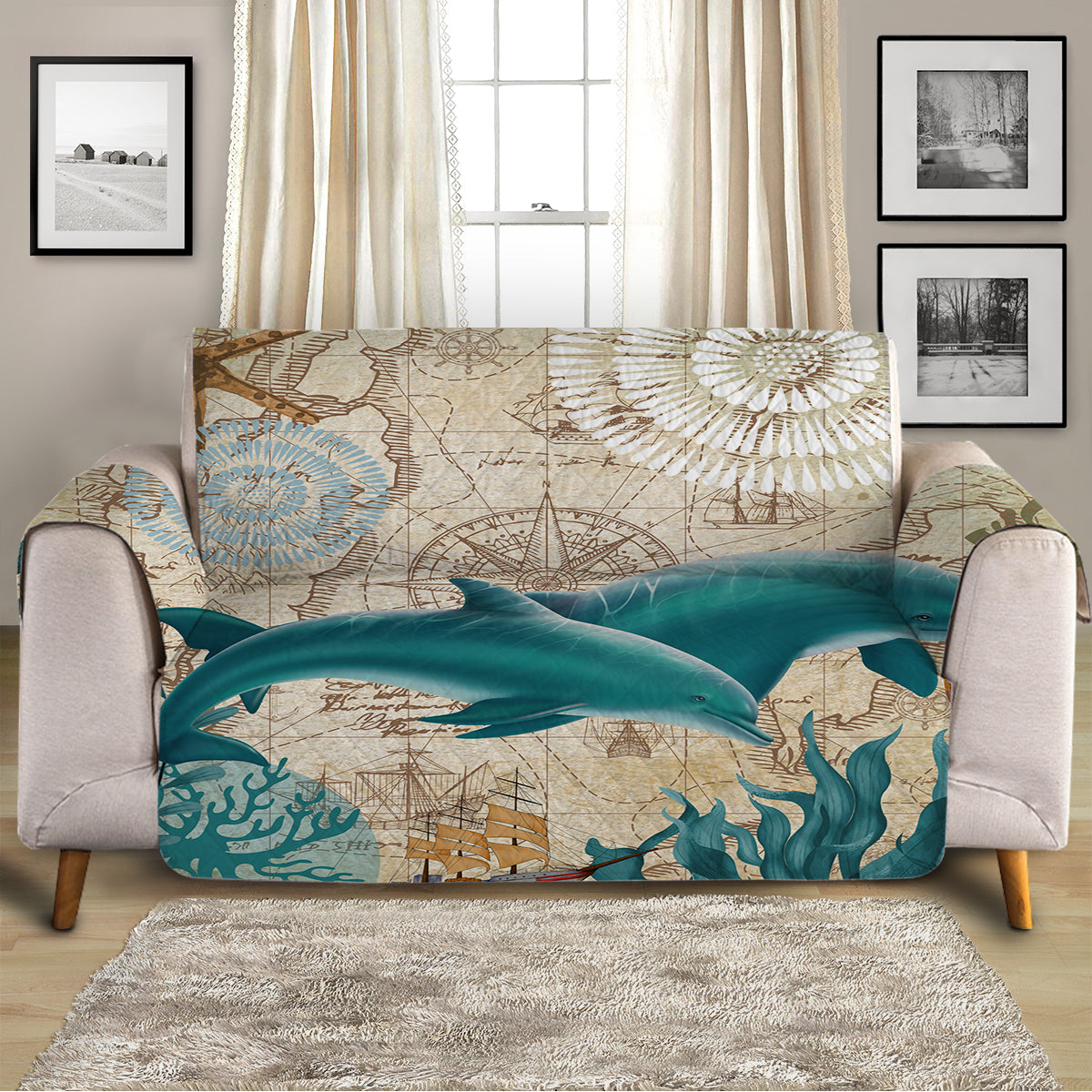 Soft and Comfortable Dolphin Love Sofa Cover - Waterproof, Stretchable, and Easy to Clean - Perfect for Living Room, Bedroom, or Office Furniture Protection