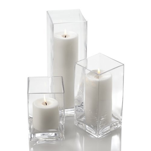 Richland Set of 18 Glass Eastland Square Vases & 18 White Pillar Candles - Elegant Home Decor for Weddings, Centerpieces, and Romantic Ambiance