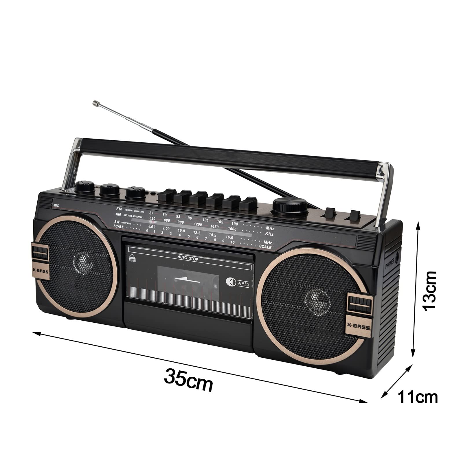 Portable Retro Bluetooth Boombox with Cassette Player, USB/TF Card Playback, Tape Music Recorder, 5.0 Stereo Speaker, FM Radio, Classic 80s Style (Black) - Perfect for Home, Office, and Outdoor Gatherings