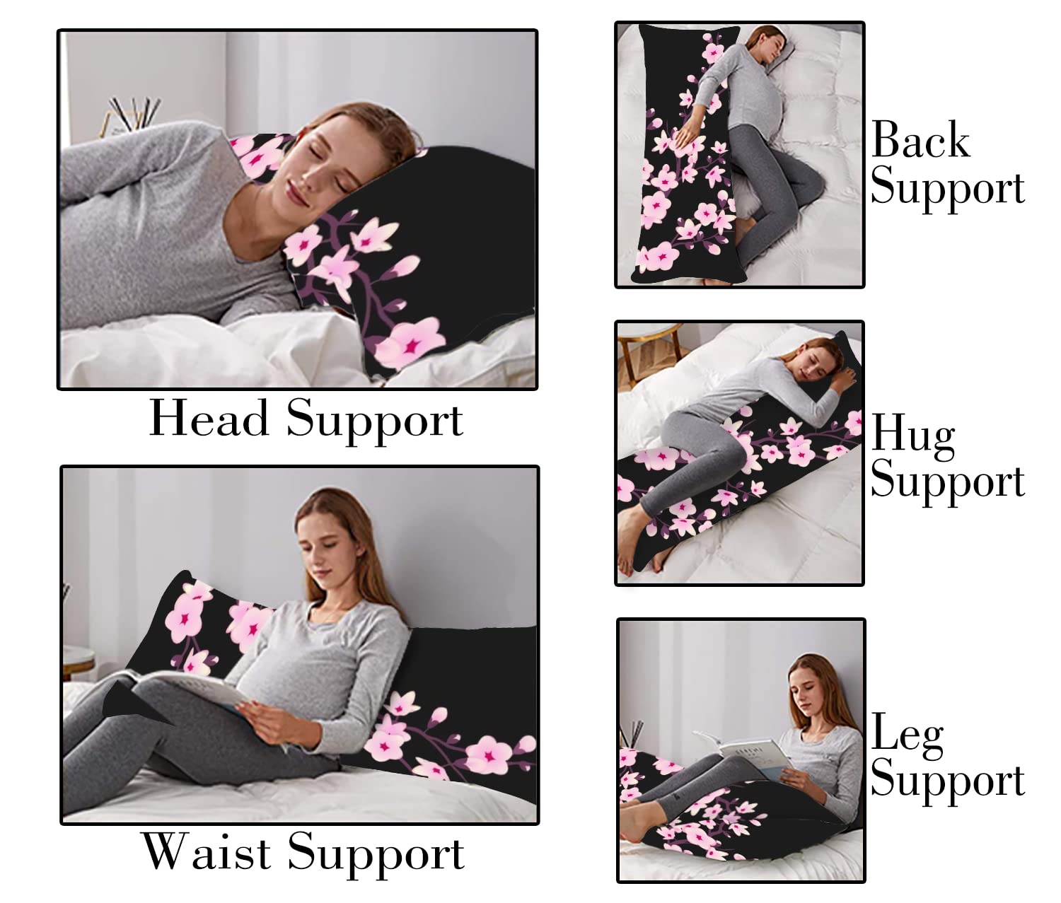 Floral Cherry Blossom Pink & Black Body Pillow Cover - 20