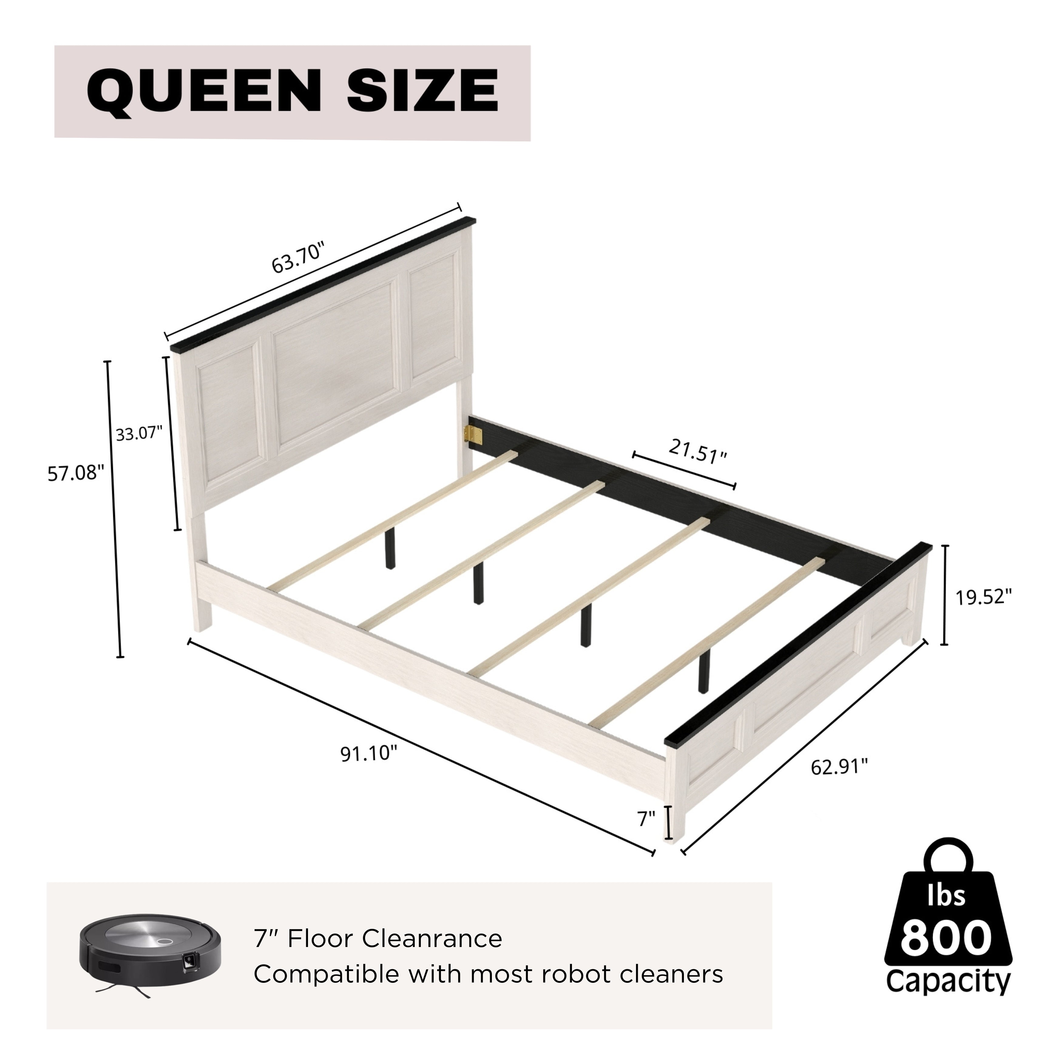Roundhill Furniture Realynn Panel Bed - Queen Size Off White Finish for Modern Bedroom Decor | Stylish and Durable Bed Frame for Home & Guest Room