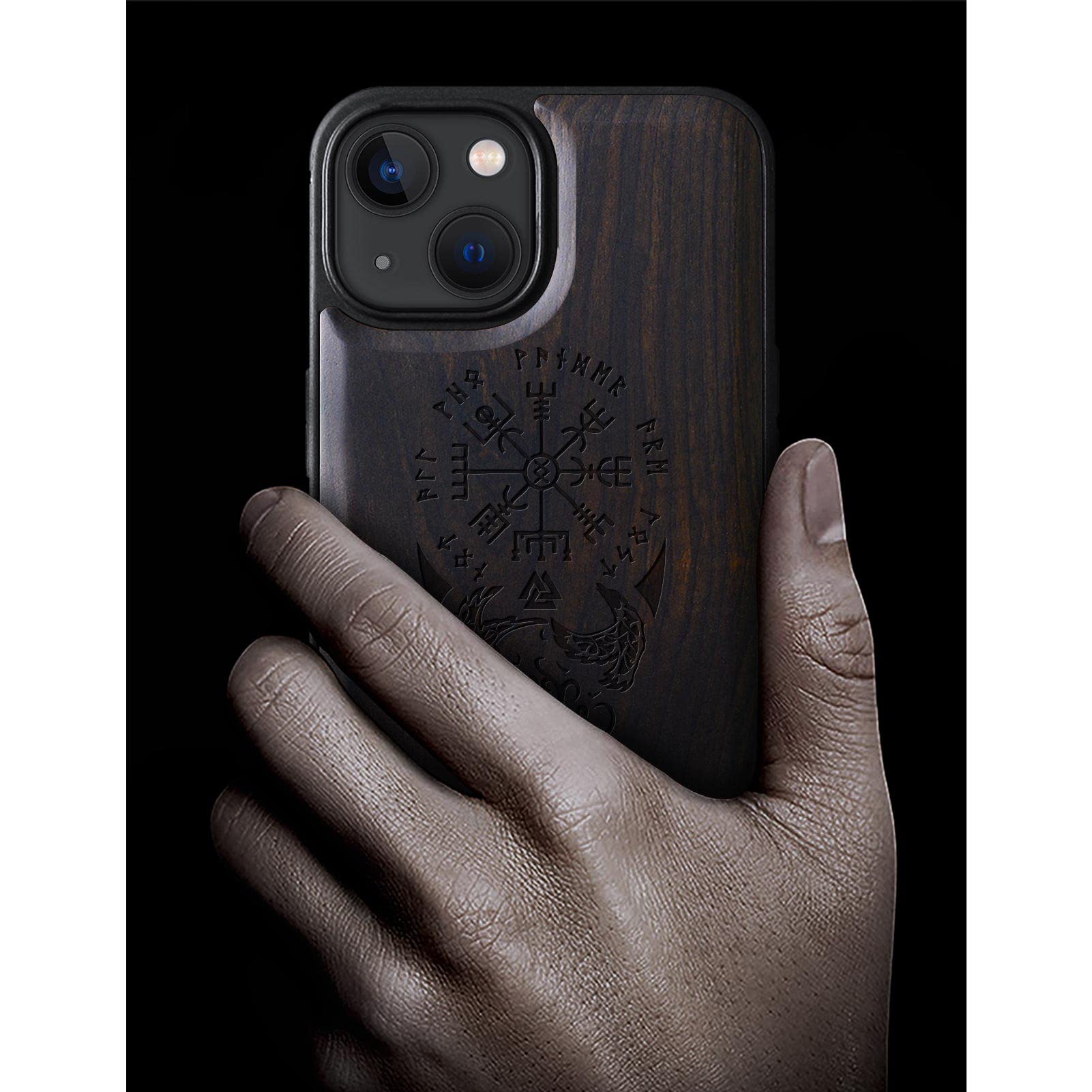 Carveit Magnetic Wood Case for iPhone 13 Mini - Natural Wood & Black TPU Shockproof Protective Cover with MagSafe Compatibility (Viking Compass Vegvisir Blackwood) - Perfect for Outdoor Adventures & Daily Protection
