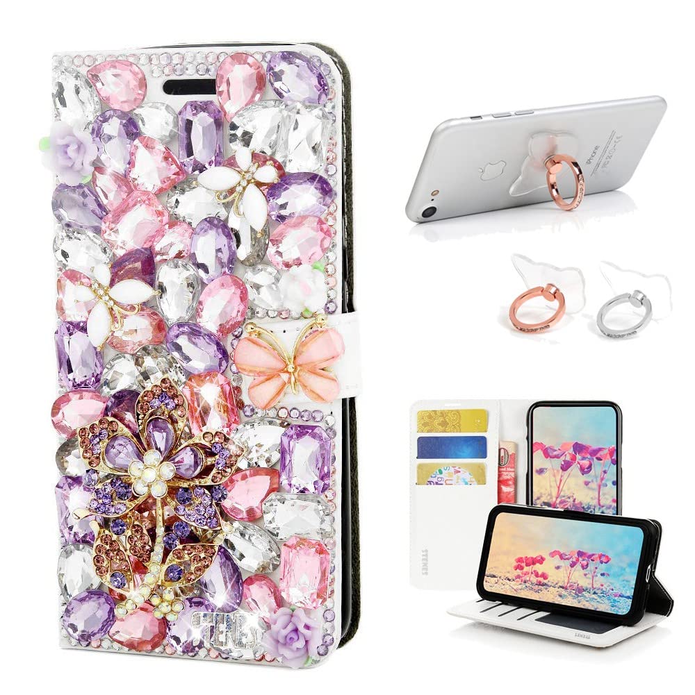 STENES Bling Wallet Phone Case for OnePlus 7T - 3D Handmade Floral Butterfly Leather Cover with Card Slots & Ring Stand Holder [2 Pack] - Purple - Perfect for Women's Daily Use, Shopping, Travel and Gift Giving