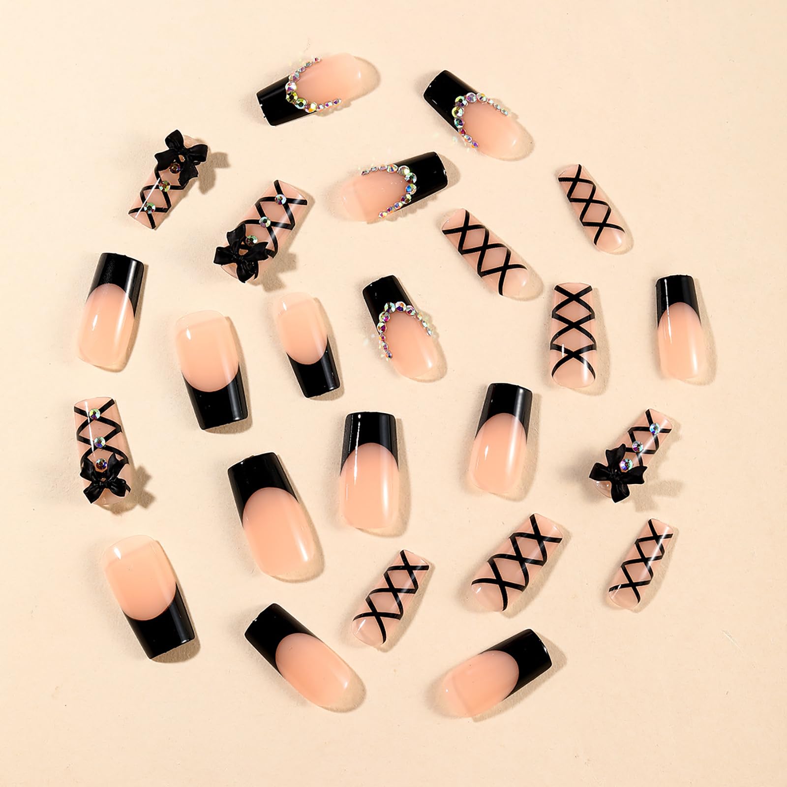 24 Pcs Black Coffin Press on Nails - Long Fake Nails with Bow & Rhinestone Designs, Glitter Acrylic Nails, French Tip False Nails, Natural Reusable Full Cover Stick on Nails for Women - Perfect for Parties, Weddings & Special Occasions