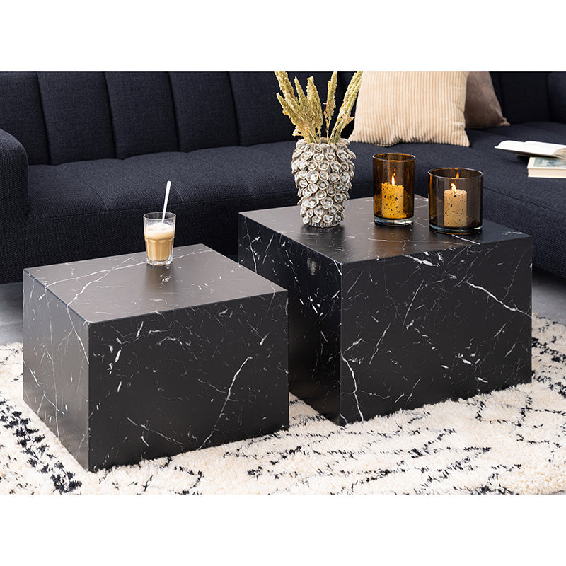 DICE Nest of 2 Square Coffee Tables - Black Marble Effect End Tables for Living Room, Modern Side Tables for Small Spaces, Perfect for Home Decor & Entertaining Guests