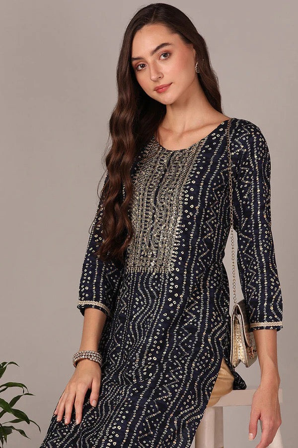 Stylish Navy Blue Bandhini Indian Kurti/Kurta for Women | Traditional Handmade Cotton Tunic Top | Perfect for Festivals, Weddings & Casual Wear