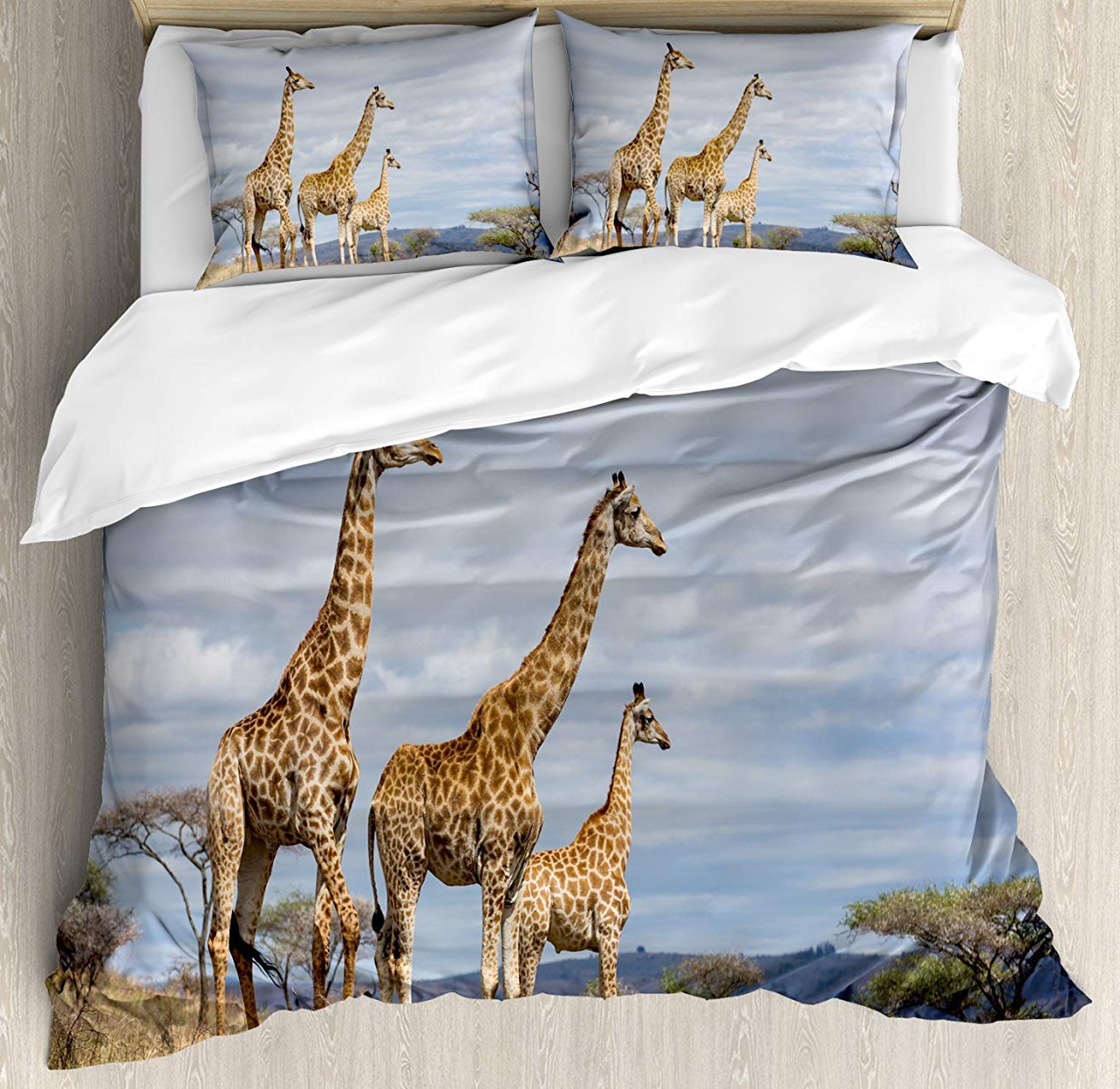 3-Piece Queen Size Bedding Set - African Giraffe Family Design Comforter, Duvet Cover & 2 Pillowcases for Kids, Teens & Adults | Soft Bedspread for Home Decor & Cozy Sleep