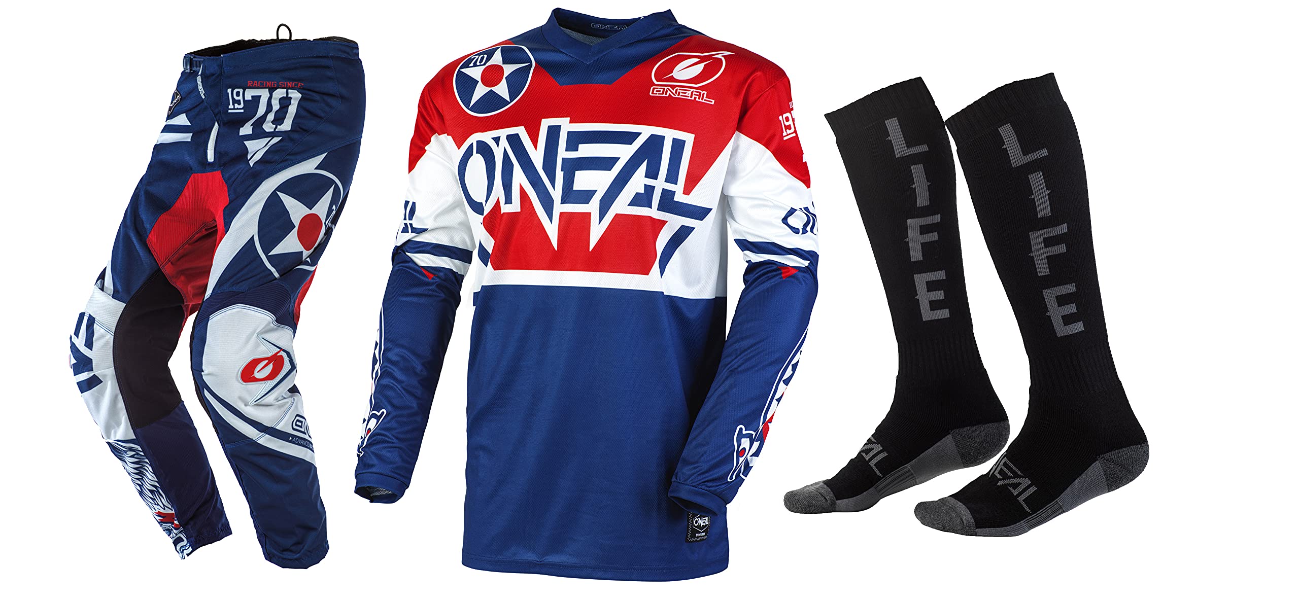 Oneal Element Warhawk Blue Jersey Pant Socks Combo Set - Motocross Racing Gear for Men - Dirt Bike MX Outfit with Comfortable Jersey, Pants & Socks - Perfect for Off-Road Motorcycle Riding & Racing