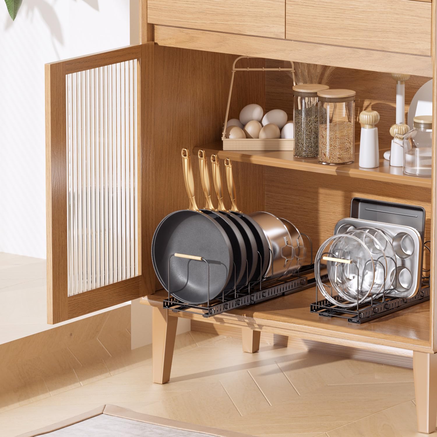 2-Pack Under Cabinet Pots and Pans Organizer with Adjustable Dividers & Handles - Space Saving Kitchen Storage for Cookware, Utensils & Cabinet Organization - Perfect for Small Kitchens & RV Cooking