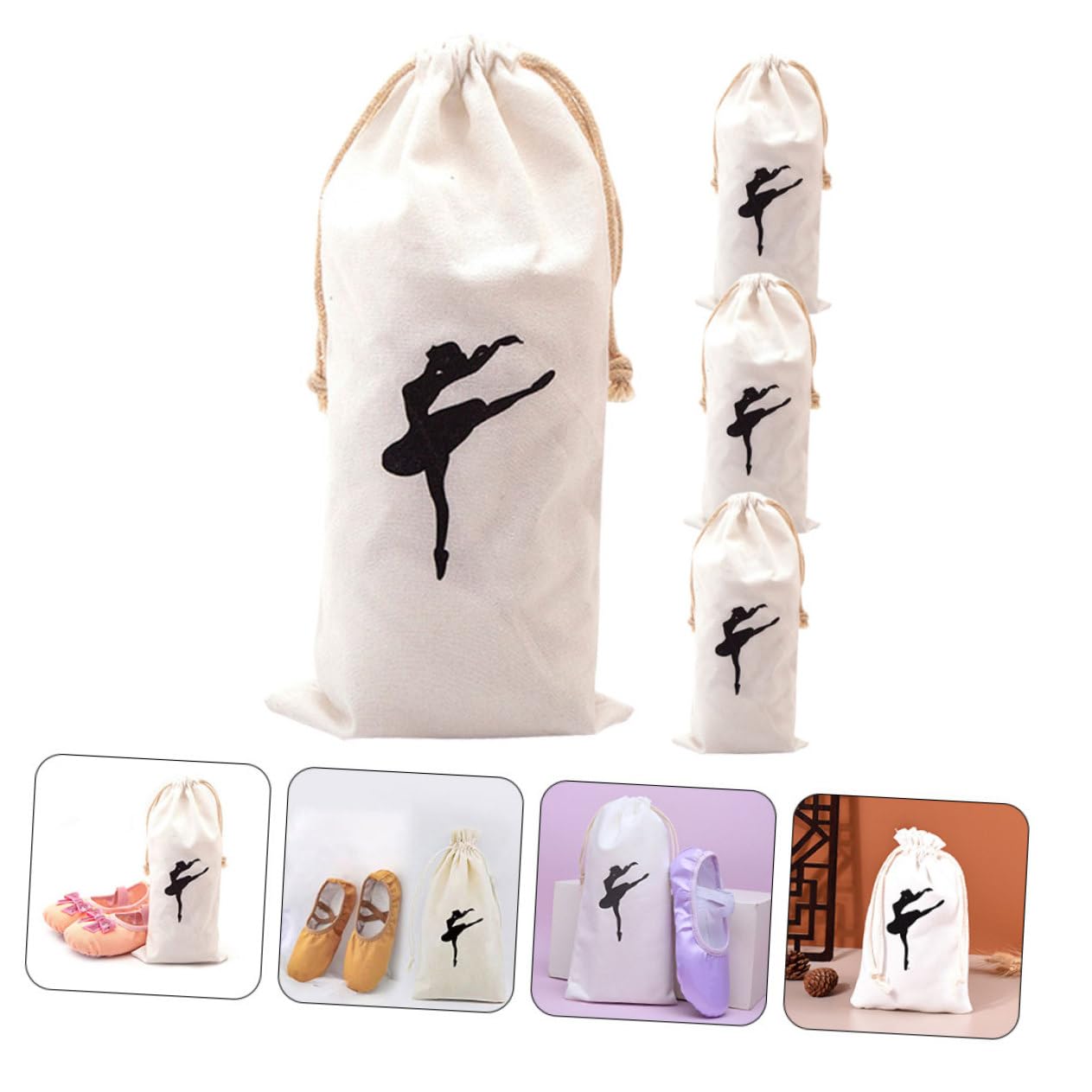 KITANDOVE 4-Piece Canvas Ballet Shoes Bag Set - Drawstring Dance Bags for Girls, Ballet Shoe Storage Pouch, Dance Accessories - Perfect for Ballet Class, Dance Practice & Shoe Organization