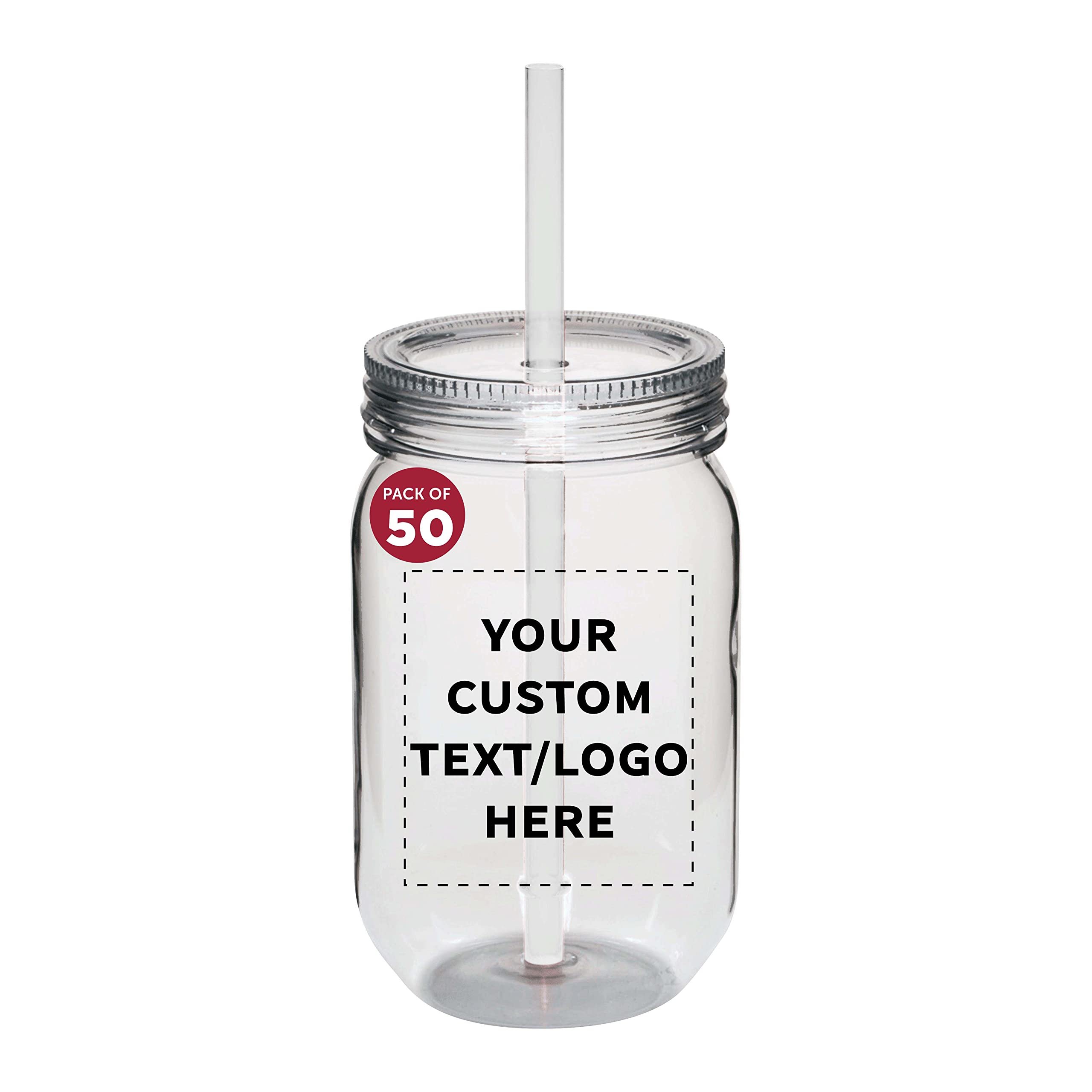 50-Pack 24oz Clear Custom Plastic Mason Jars with Straws - Bulk Personalized Jars for Overnight Oats, Candies, Fruits, Pickles & Beverages - Perfect for Meal Prep, Party Favors & DIY Storage