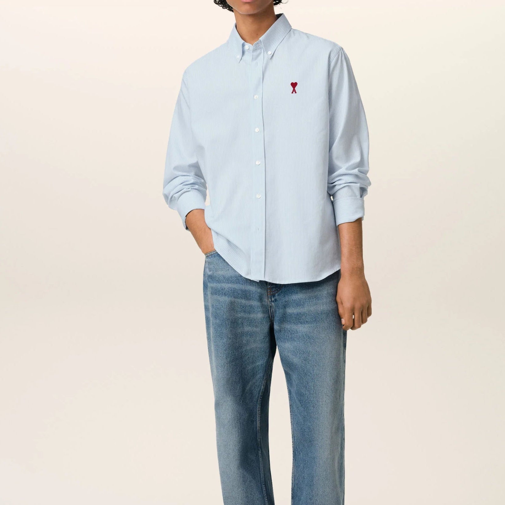 AMI Paris Blue Button Down Shirt with Ami de Coeur Logo - Stylish Casual Wear for Men, Perfect for Office, Date Night & Weekend Outings