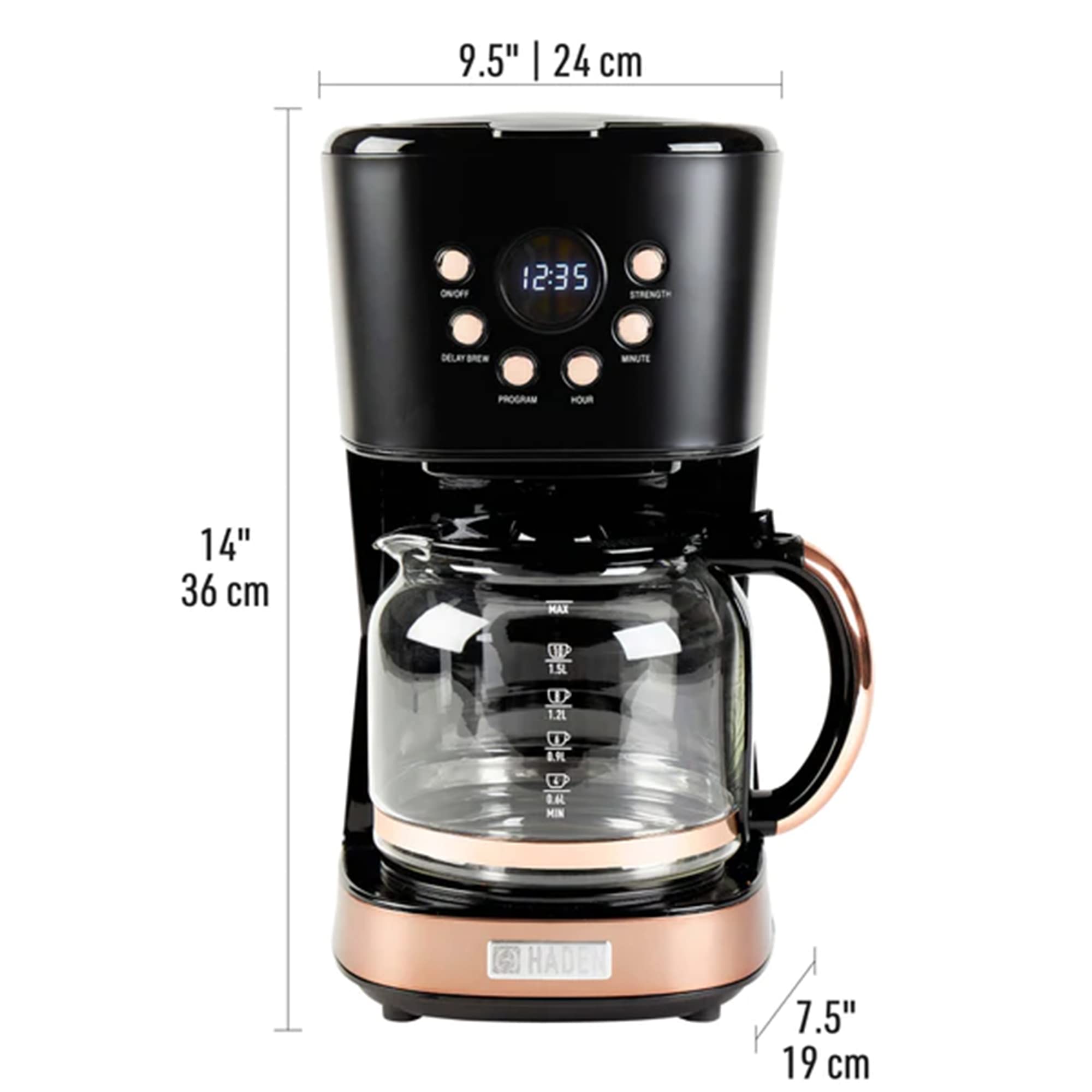 Haden Dorset 4-Slice Wide Slot Stainless Steel Toaster with 12-Cup Programmable Drip Coffee Maker Set, Black & Copper - Perfect for Breakfast, Kitchen, and Office Use