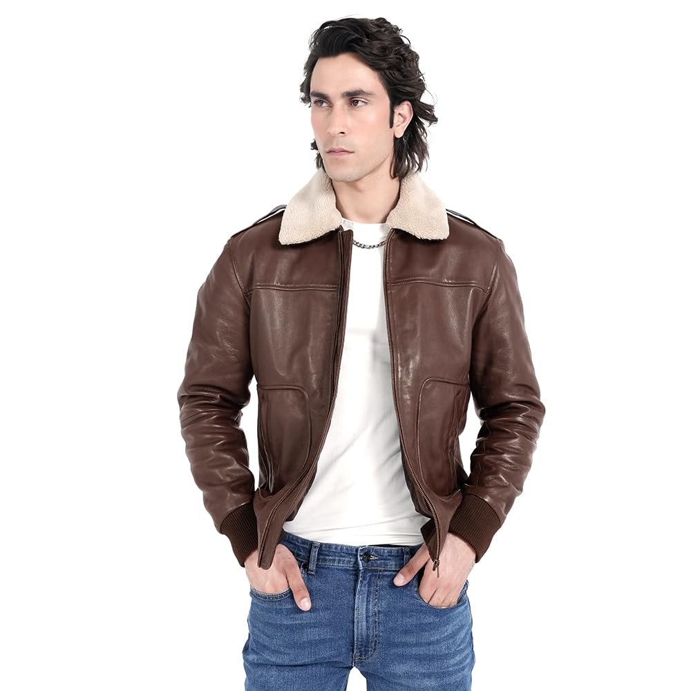 Genuine Lambskin Bomber Jacket for Men - Premium Brown Leather Jacket with Removable Sherpa Collar | Stylish Outerwear for Casual Wear, Motorcycle Riding & Winter Fashion