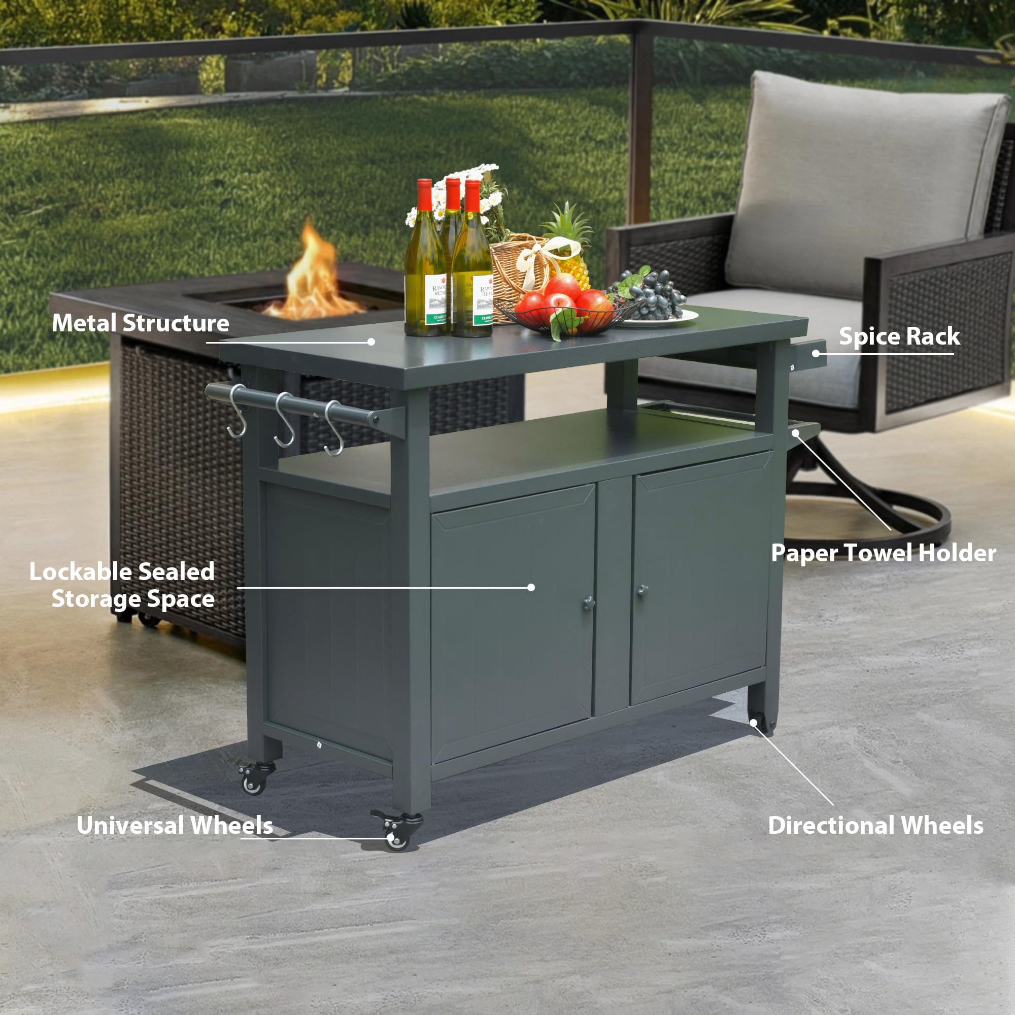 NEWQIDA 4-Wheel Outdoor Grill Cart with Storage Cabinet - Heavy Duty Metal BBQ Prep Table, Kitchen Island & Dining Table for Patio, Backyard, Home Party & Bar (Grey) | Perfect for Outdoor Cooking, Entertaining & Compact Kitchen Storage