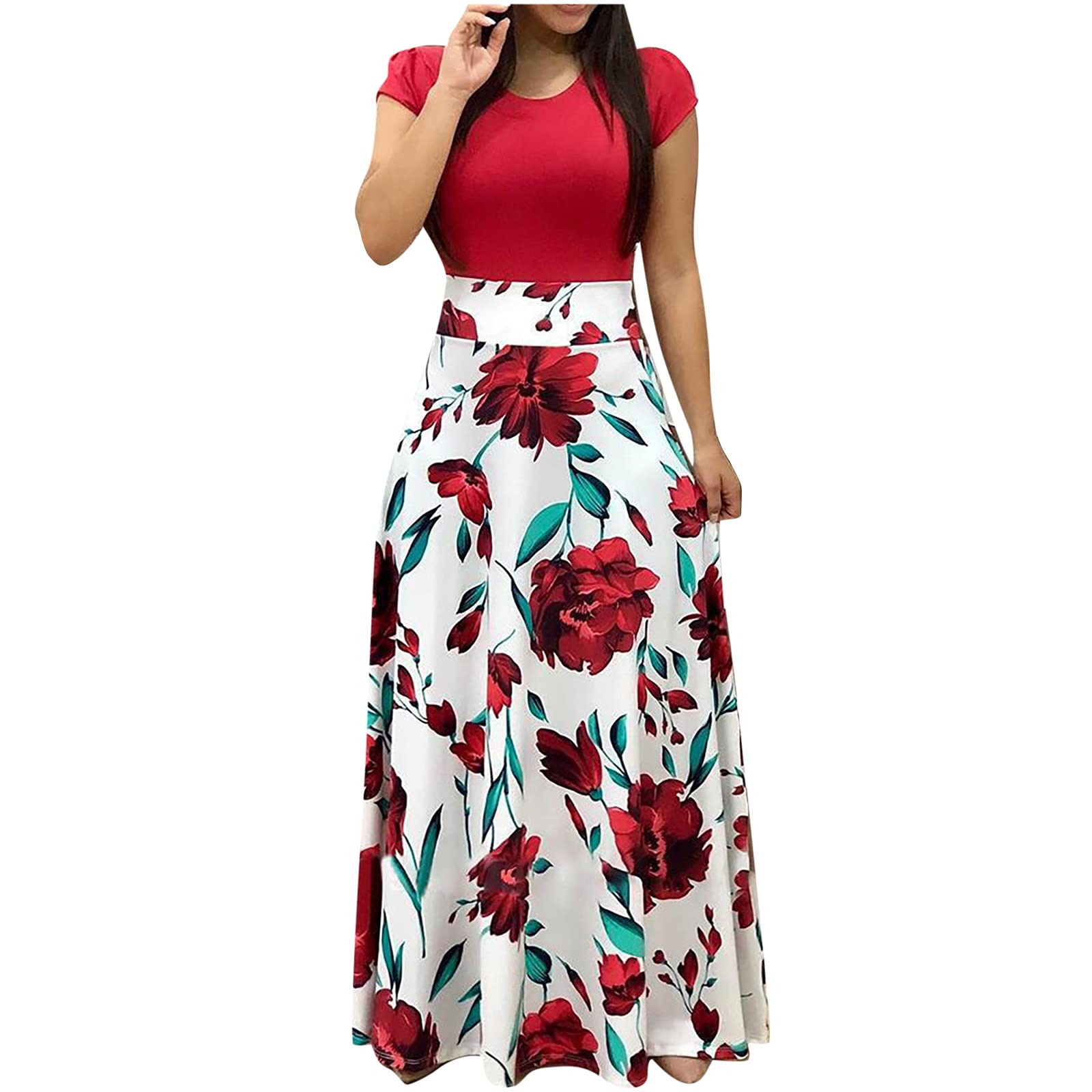 Boho Floral Print Women's Summer Maxi Dress - Short Sleeve Pleated Hem Fit & Flare Dress for Dinner Party, Beach Vacation & Casual Outings