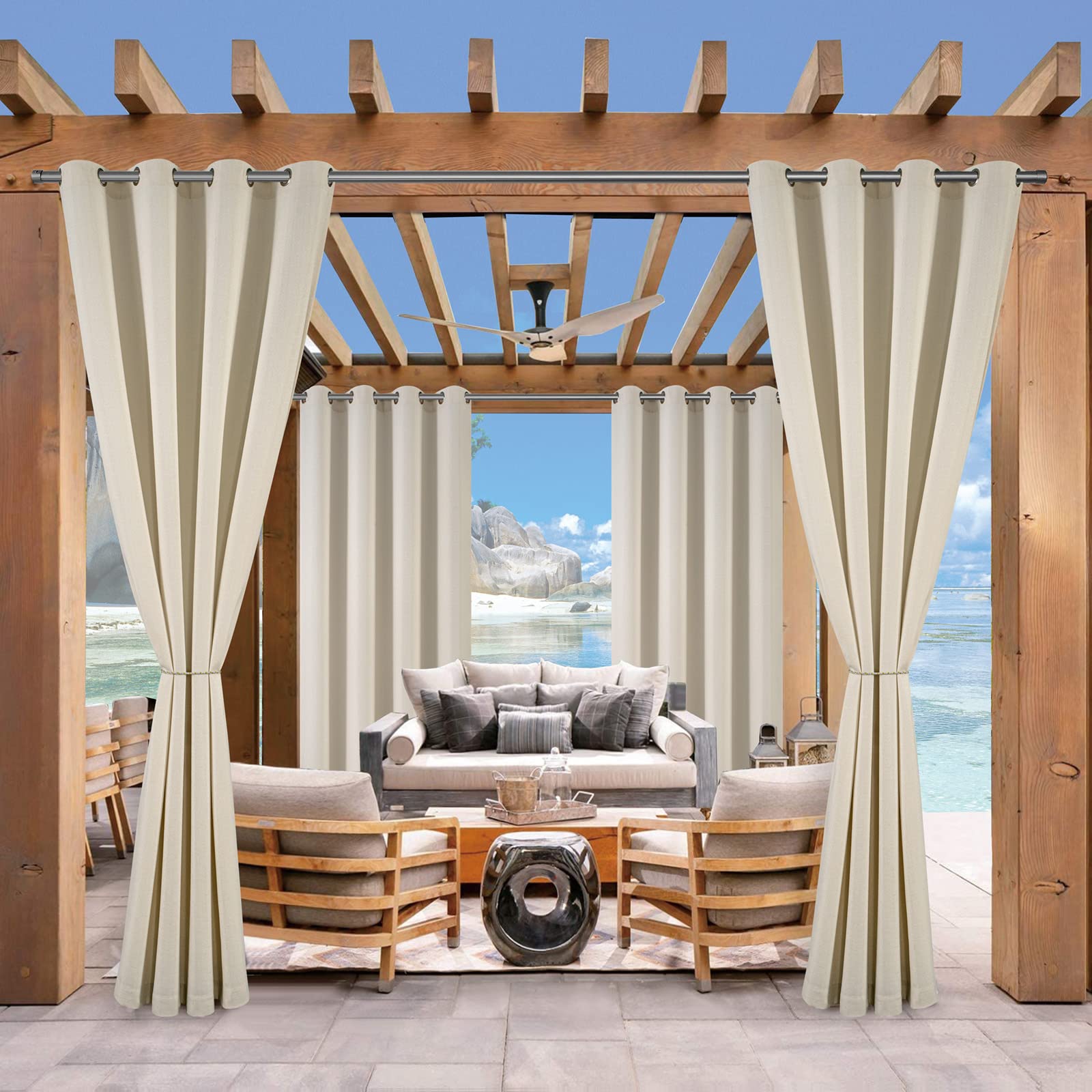 (2 Panels) Voday Waterproof Indoor/Outdoor Curtains - 54x120 Inch Faux Linen Sun Blocking Drapes with Rustproof Rings - UV Protection & Room Darkening for Patio, Pergola, Cabana, Porch - Perfect for Outdoor Living Spaces & Sunroom Privacy