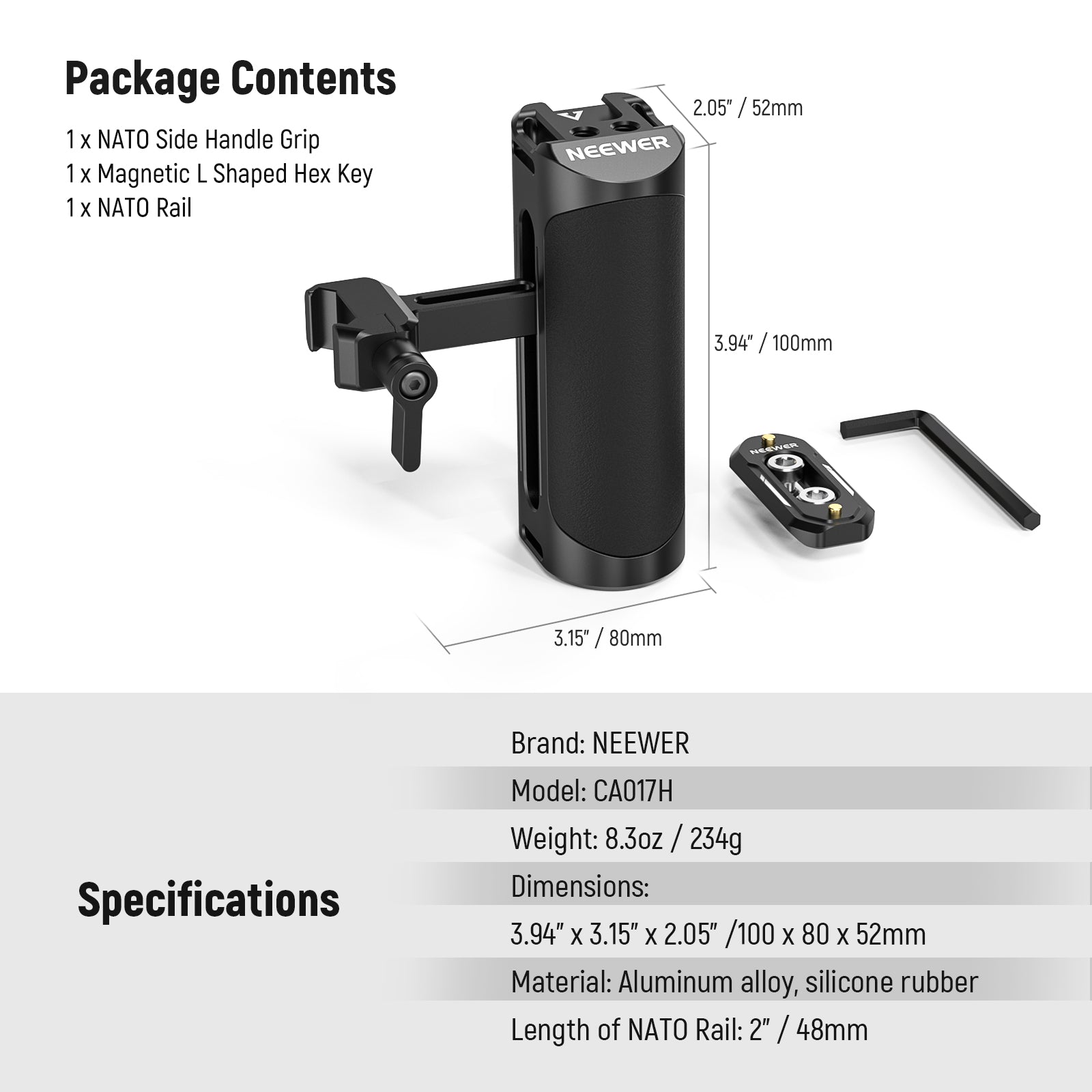 NEEWER CA017H NATO Side Handle Grip for DSLR Camera - Ergonomic Aluminum Alloy Stabilizer Handle for Video Recording, Vlogging & Photography Accessories