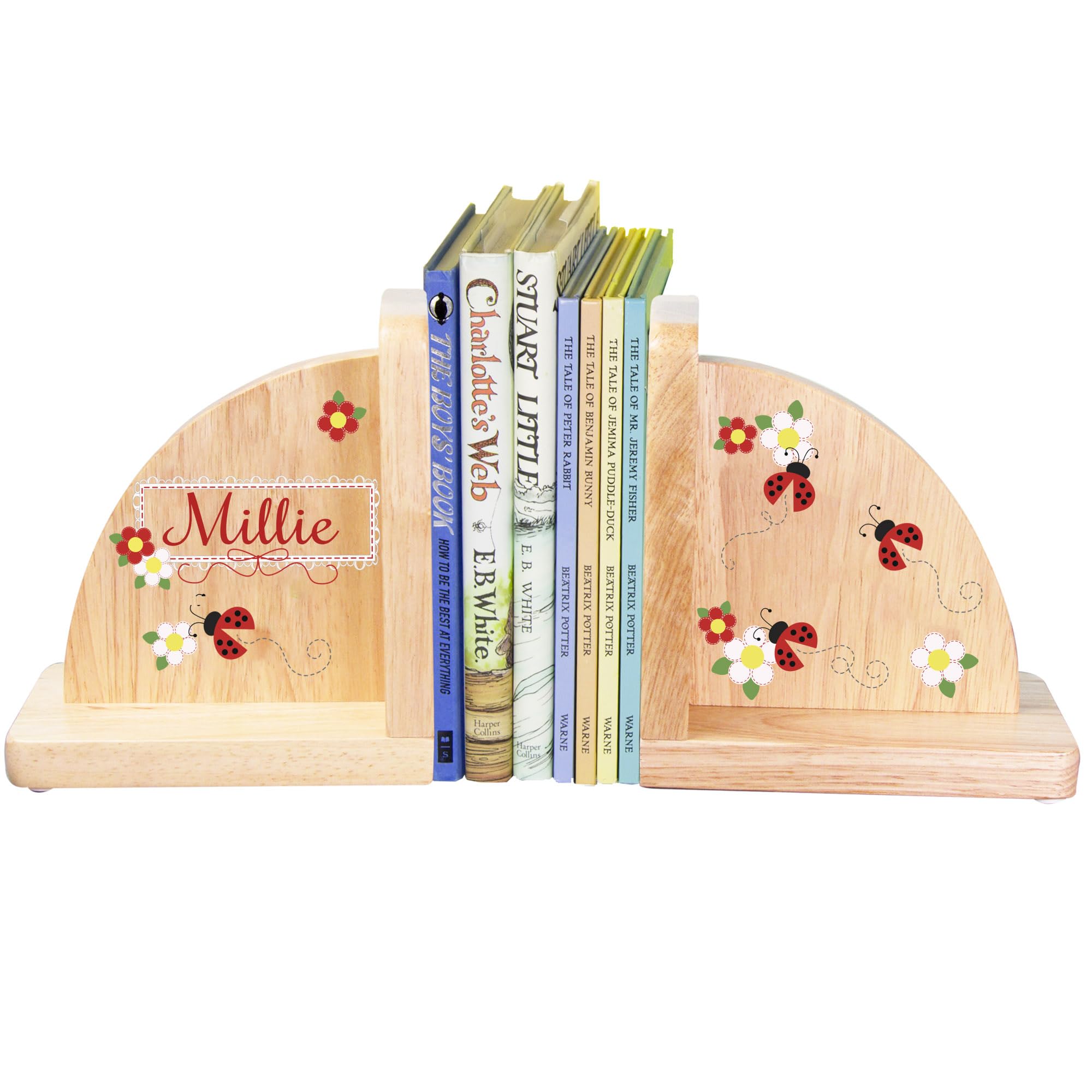 Personalized Red Ladybug Natural Wooden Bookends for Kids - Perfect for Nursery, Bookshelf Decor, and Children's Room Organization