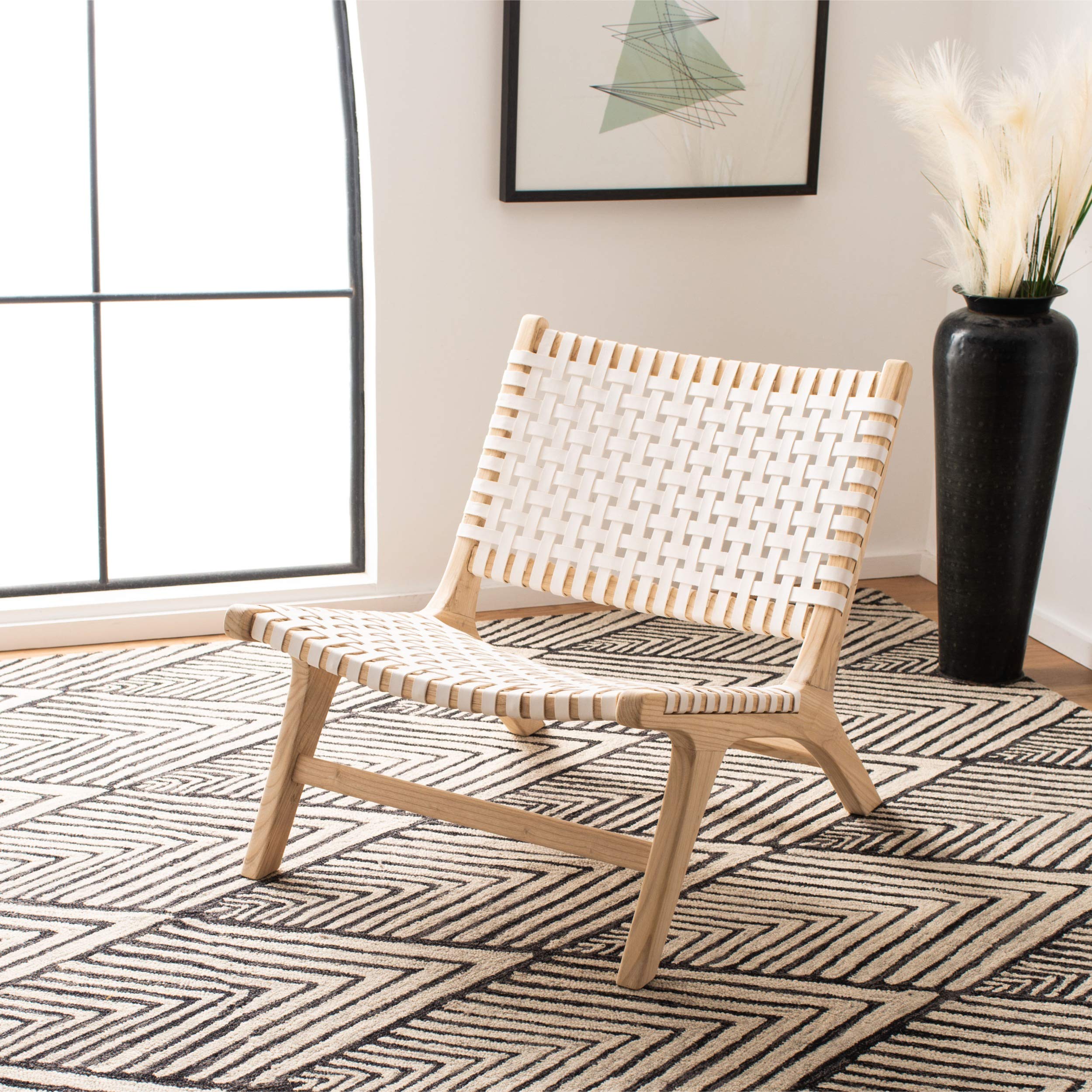 Safavieh Home Luna Natural & White Leather Woven Accent Chair - Modern Living Room, Bedroom, Office Decor - Stylish Seating for Home & Workspace