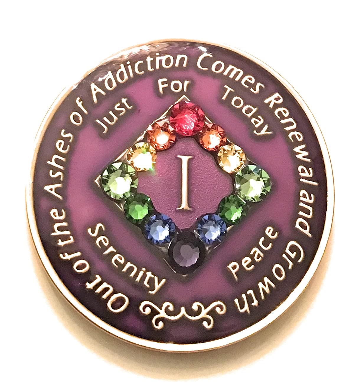 1 Year NA LGBT Purple Bling Medallion - Rainbow Crystal Chip Coin Token for Pride Events & Recovery Celebrations