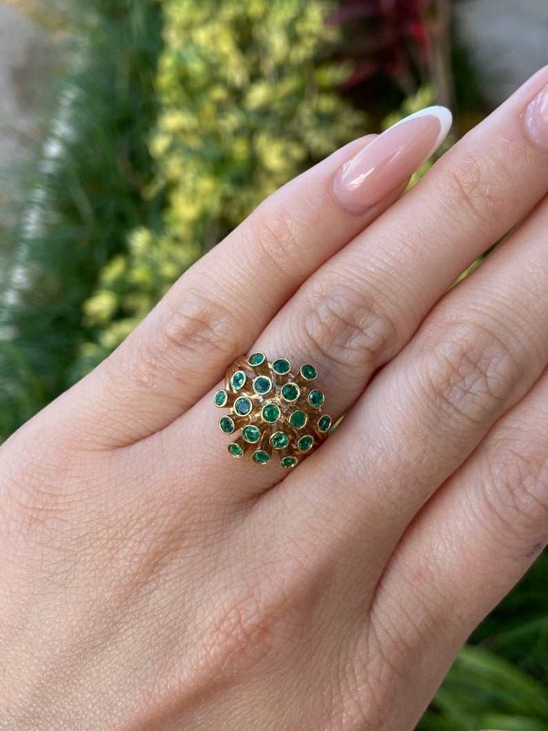 1.90 TCW Colombian Round Emerald Cluster Ring in 14K Gold - Elegant Jewelry for Weddings, Anniversaries & Special Occasions