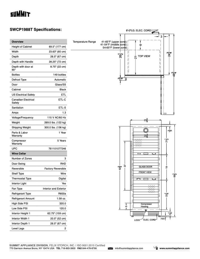 SUMMIT 24-Inch 149 Bottle Triple Zone Wine Cooler Refrigerator (SWCP1988T) - Perfect for Home Bars, Restaurants, and Wine Collectors