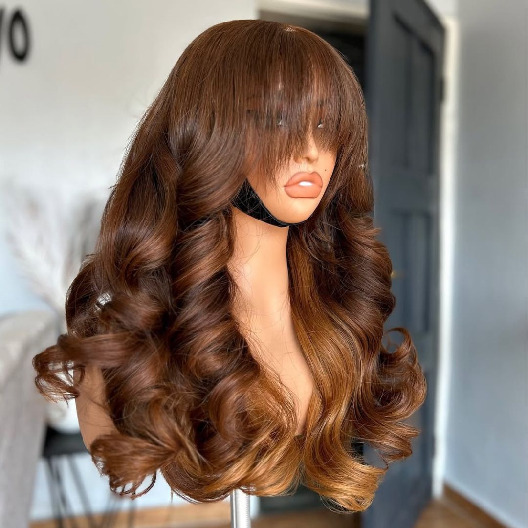 Eullair 13x4 Lace Front Wig - Two Tone Blonde Human Hair Loose Wave with Bangs & Pre-Plucked Hairline | Perfect for Cosplay, Daily Wear & Special Occasions