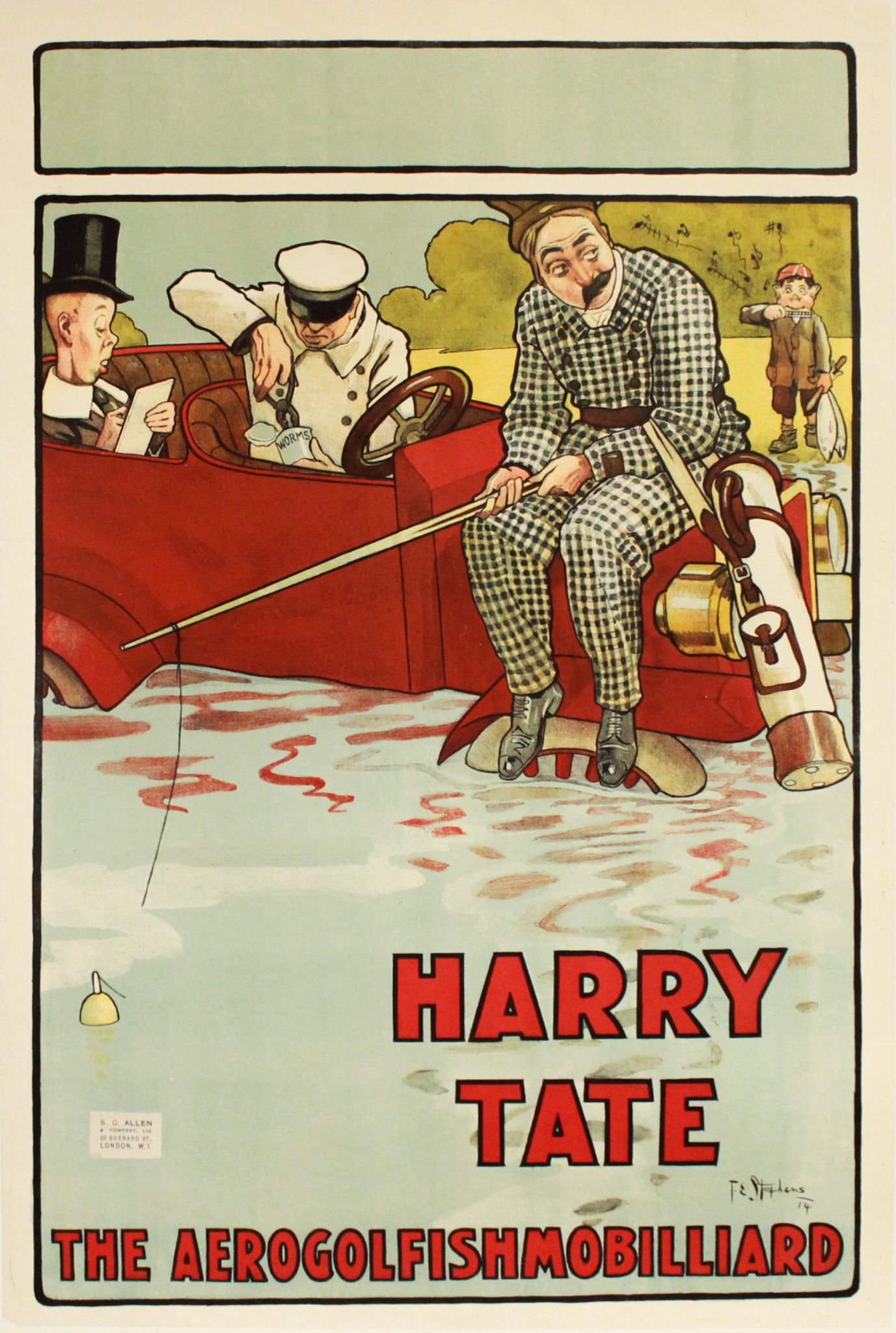 1914 Original Harry Tate British Comedy Lithograph - Fishing Inside a Car - Linen Backed Vintage Print - Perfect for Home Decor, Office Wall Art & Collectors