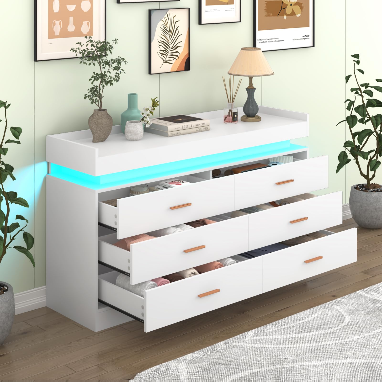 6-Drawer LED Dresser with USB Charging Station - Modern White Chest of Drawers for Bedroom, Closet & Entryway - Spacious Storage Cabinet with Wide Drawers for Clothes, Accessories & Home Organization - Perfect for Apartments, Dorms & Small Spaces