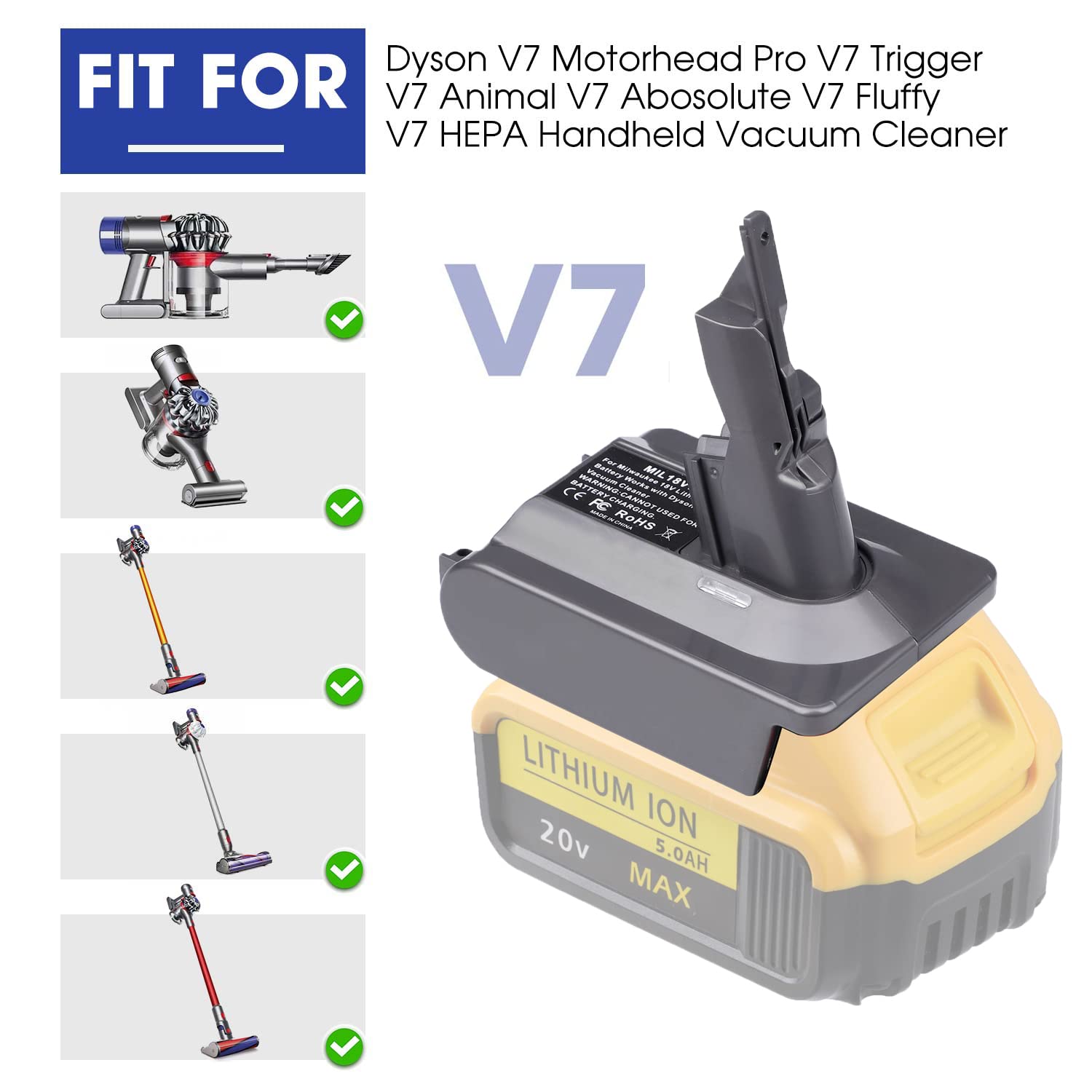 Dyson V7 Battery Adapter for Dewalt 20V Battery - Convert to Dyson SV11 V7 Animal Cordless Stick Vacuum Cleaner - Handheld Vacuum Converter (DW20V7 Adapter Only) - Perfect for Home Cleaning & DIY Projects