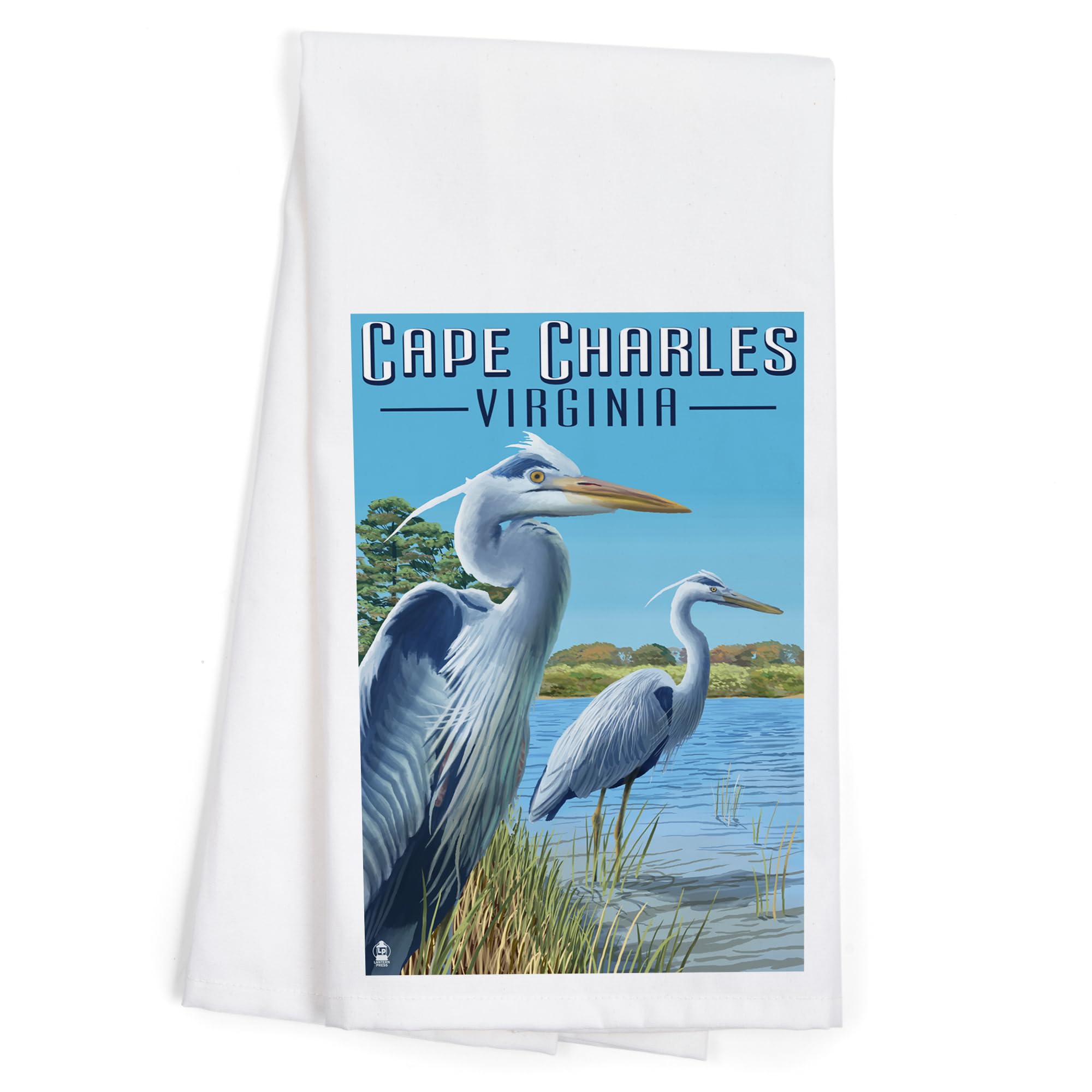 Lantern Press Cape Charles Virginia Blue Heron Tea Towel - 100% Cotton Decorative Hand Towel for Kitchen & Home - Perfect for Dish Drying, Gift Giving & Coastal Decor