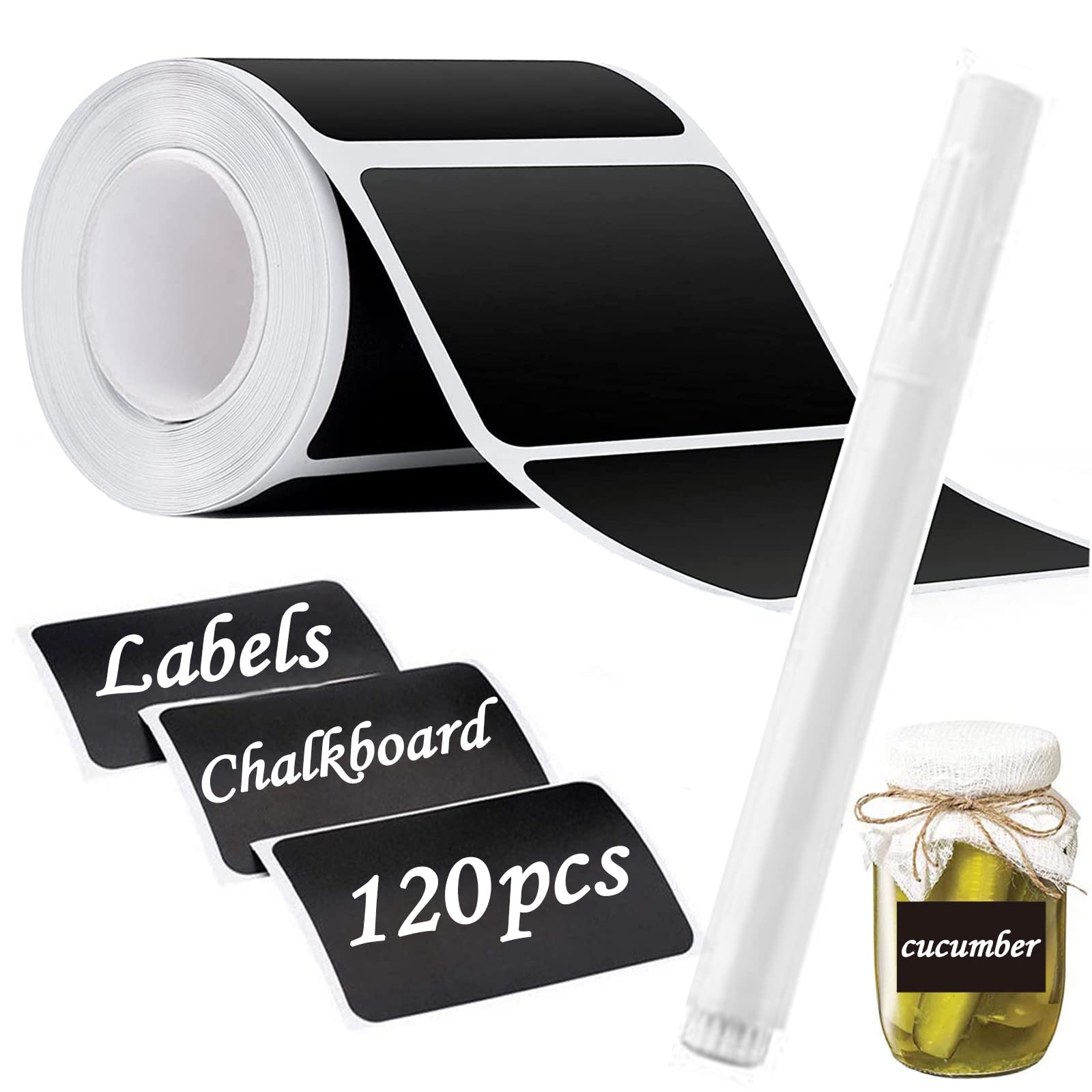 120pcs Reusable Black Chalkboard Labels Stickers for Containers, Jars & Storage Bins - Includes White Chalk Marker - Waterproof & Erasable - Perfect for Pantry Organization, DIY Crafts & Home Decor