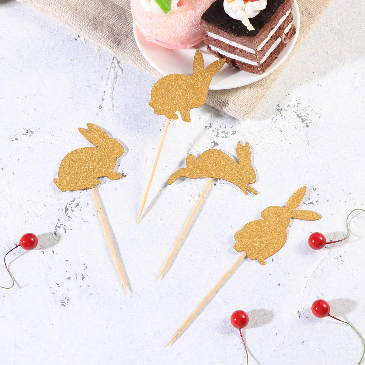 24 Pcs Gold Glitter Easter Bunny Cake Toppers - Rabbit Cake Picks for Cupcake Decorations, Easter Day & Birthday Party Supplies (Perfect for DIY Desserts, Holiday Baking, and Festive Celebrations)