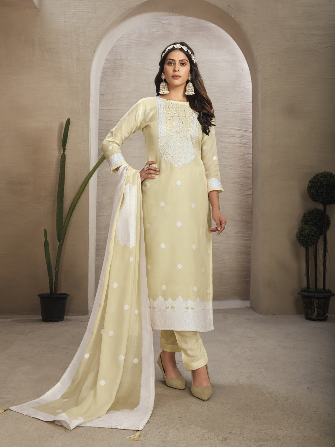 Elegant Beige Organza Pant Suit with Wevon Design Diamond Work - Perfect for Weddings, Parties & Special Occasions